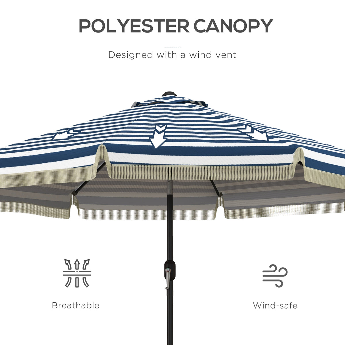 9ft Patio Umbrella Outdoor Table Umbrella w/ Tilt, Crank, Ruffled, 8 Ribs for Garden, Deck, Pool, Blue Stripe