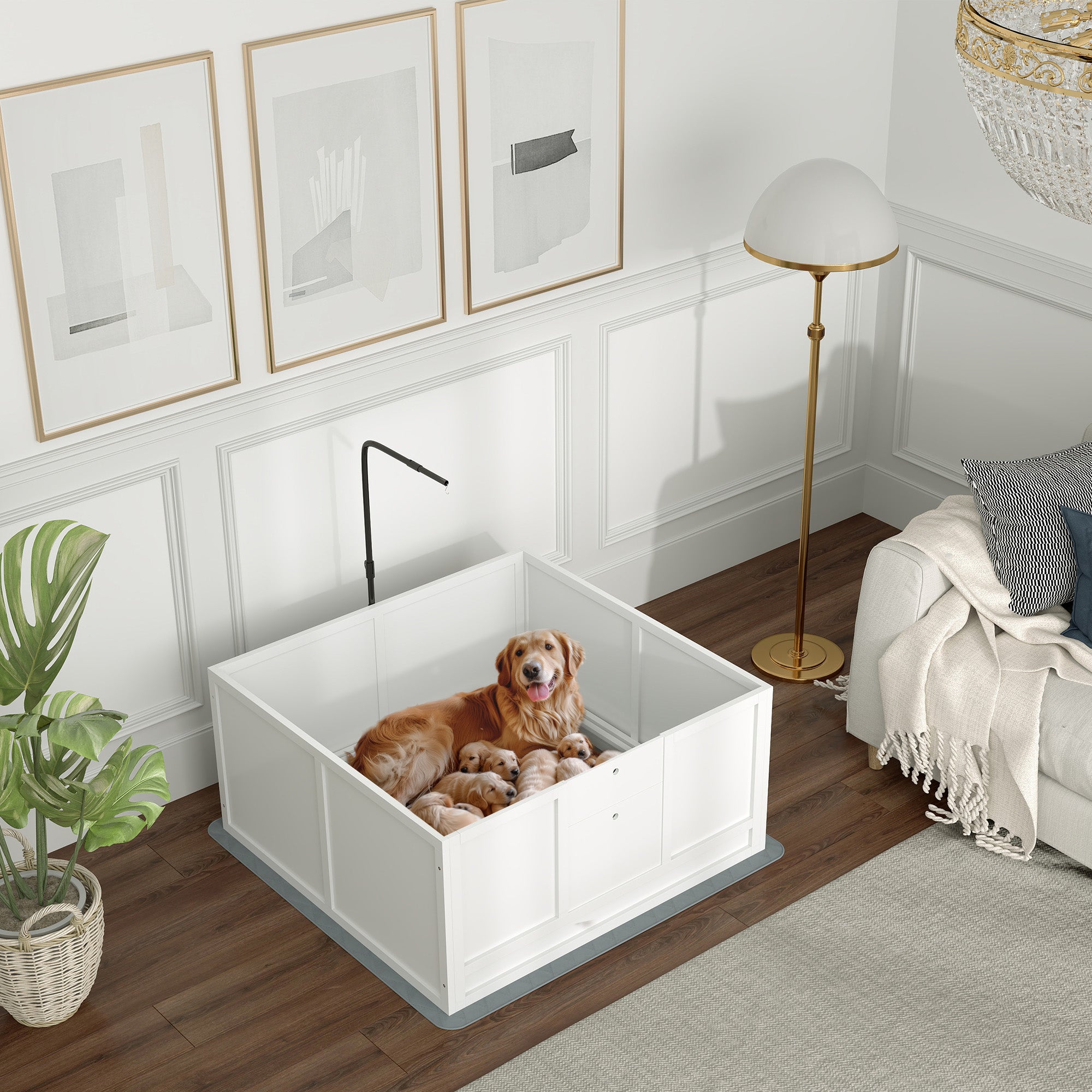 Whelping Box for Puppies with Pee Pad, Pig Rail, Adjustable Door for Small, Medium & Large Breed Dogs Birth, 41" x 39" - White - Image 2