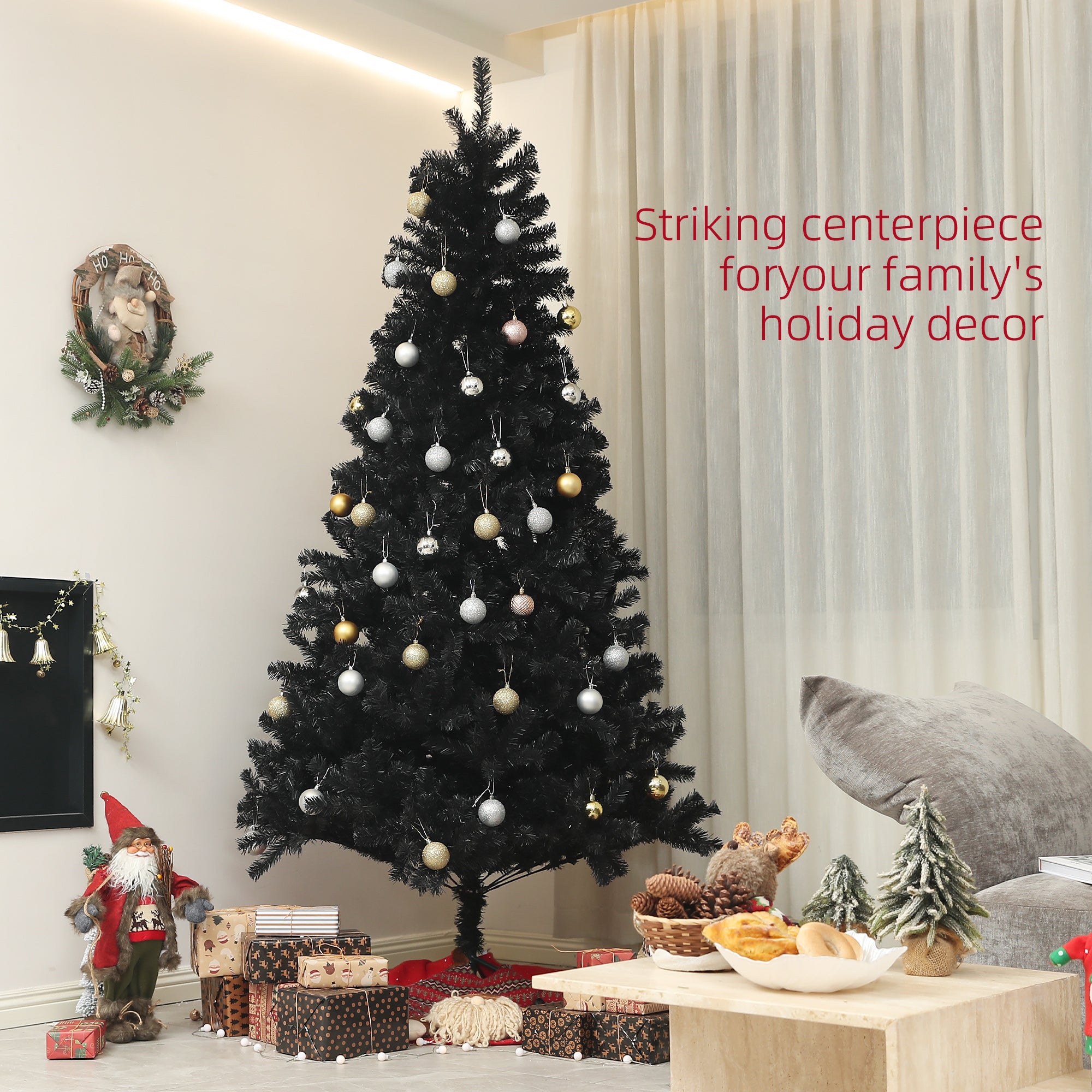 7.5ft Unlit Artificial Black Christmas Tree, Holiday Decor with 1346 Branch Tips, Auto Open and Steel Base