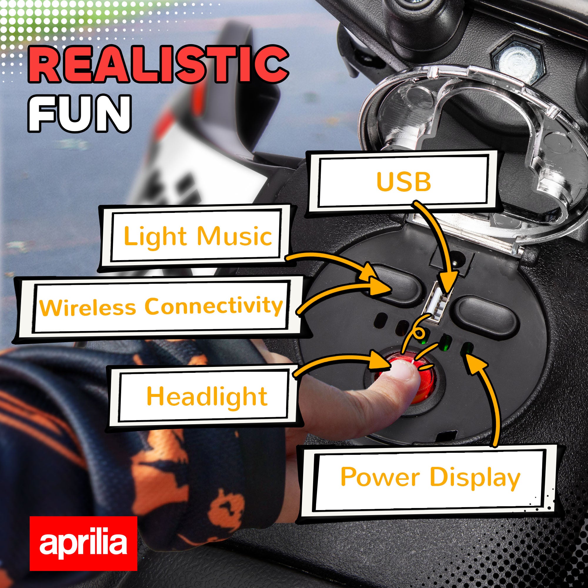 12V Aprilia Licenced Kids Motorcycle with Training Wheels, Spring Suspension, LED Light, USB, Music, Red