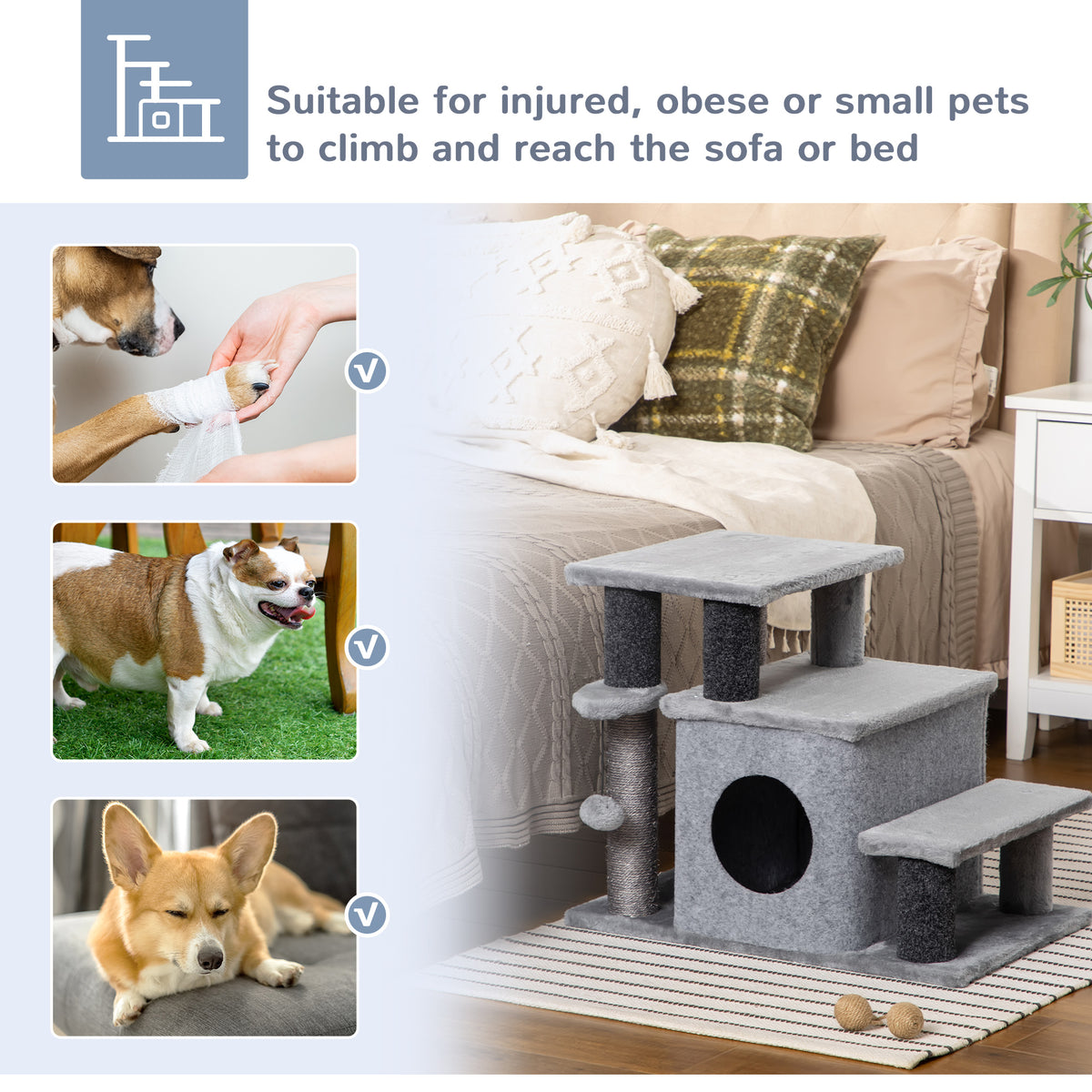 Adjustable Height 3 Step/4 Step Cat Stairs w/ Sisal Cat Scratching Post, Cat Condo, Toy Ball, for Bed, Sofa, Couch, Gray