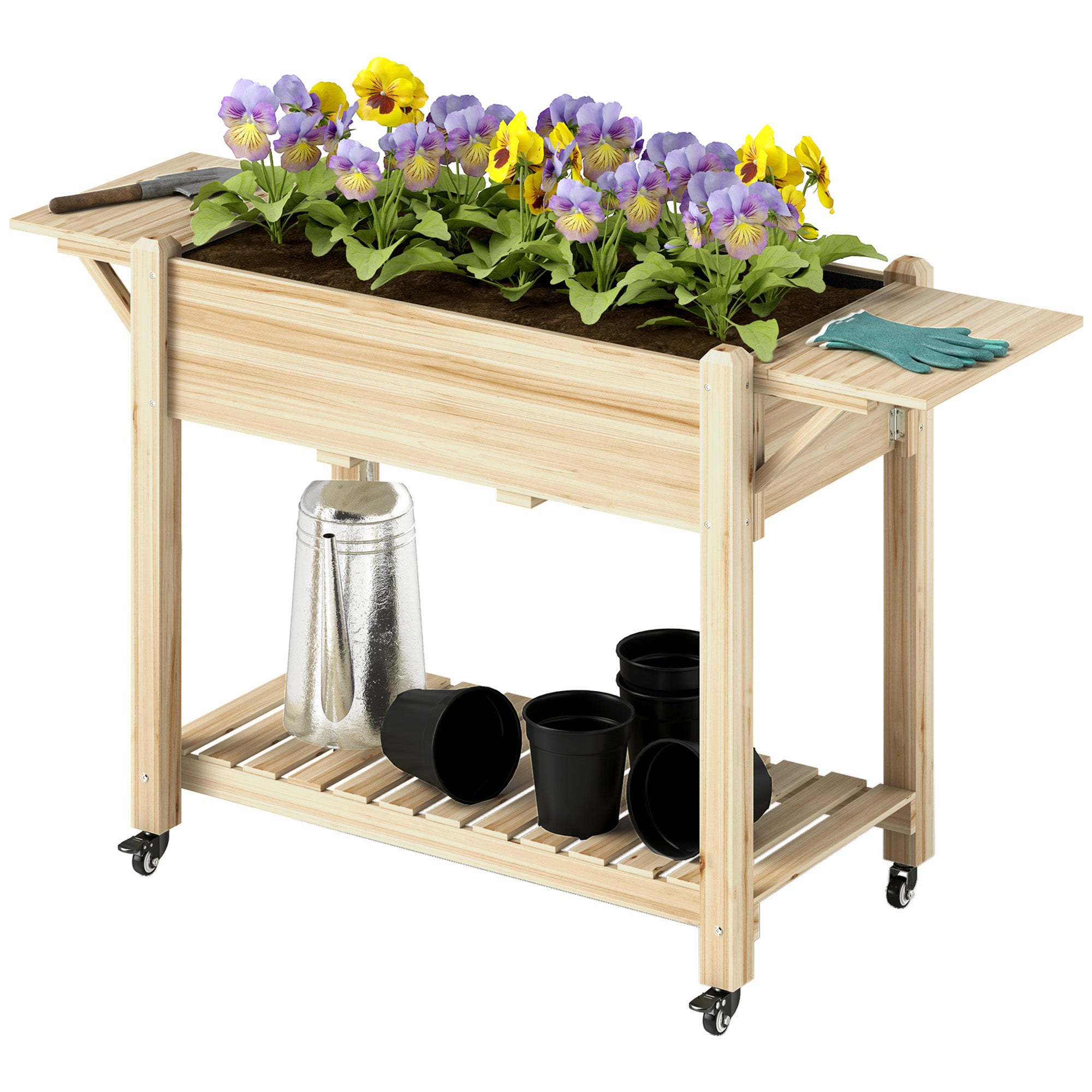 Wood Raised Planter Box, Elevated Garden Bed with Lockable Wheels, Side Tables, Bottom Shelf, Drain Holes, Natural - Natural Wood