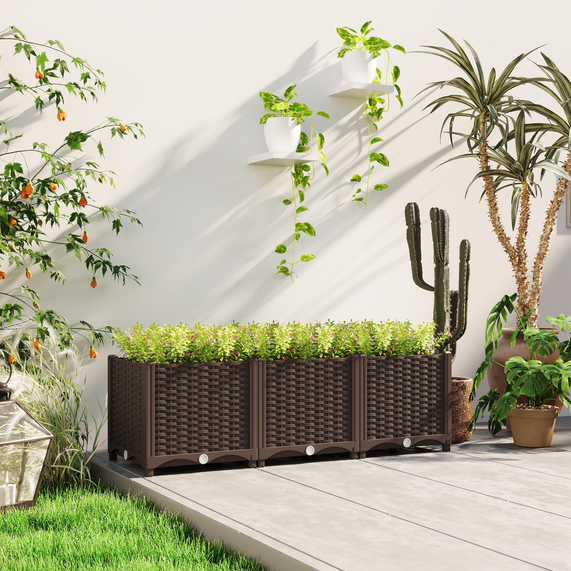 Plastic Raised Garden Bed, 4 x 1 x 1 ft Outdoor Flower Box with Drainage Holes for Vegetables, Herbs, Brown - Brown - Image 7