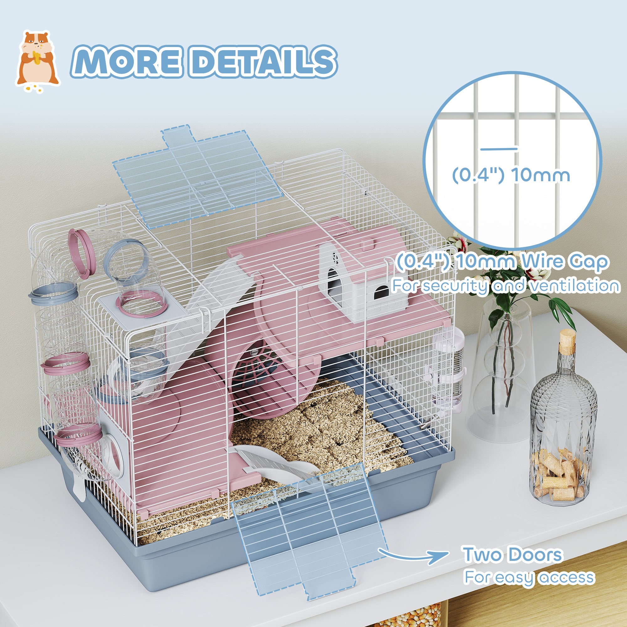Hamster Cage, 3-Tier Small Animal Cage with Exercise Wheel, Food Bowl, Water Bottle, House, Tunnels, Ramps - Blue - Image 7