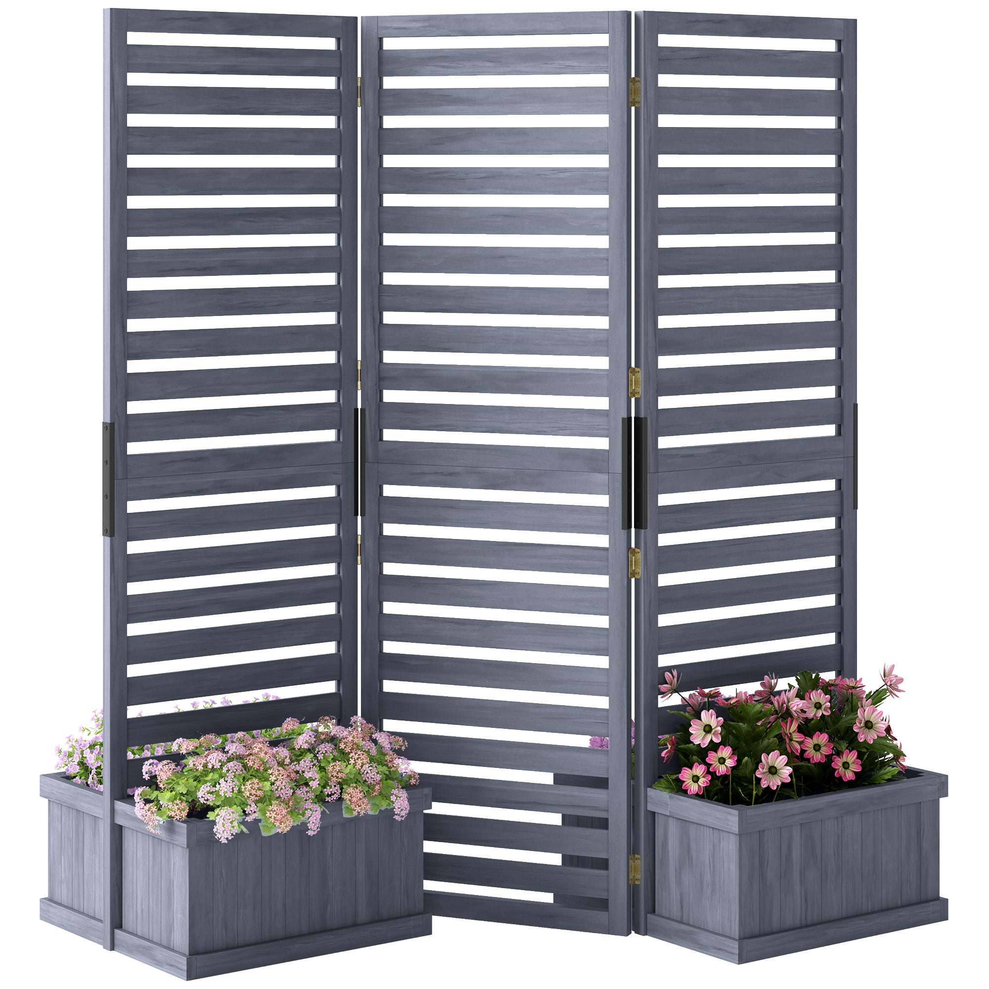 Wood Privacy Screen w/ 4 Planter Box, Raised Bed w/ 3 Panels & Drainage Holes - Gray