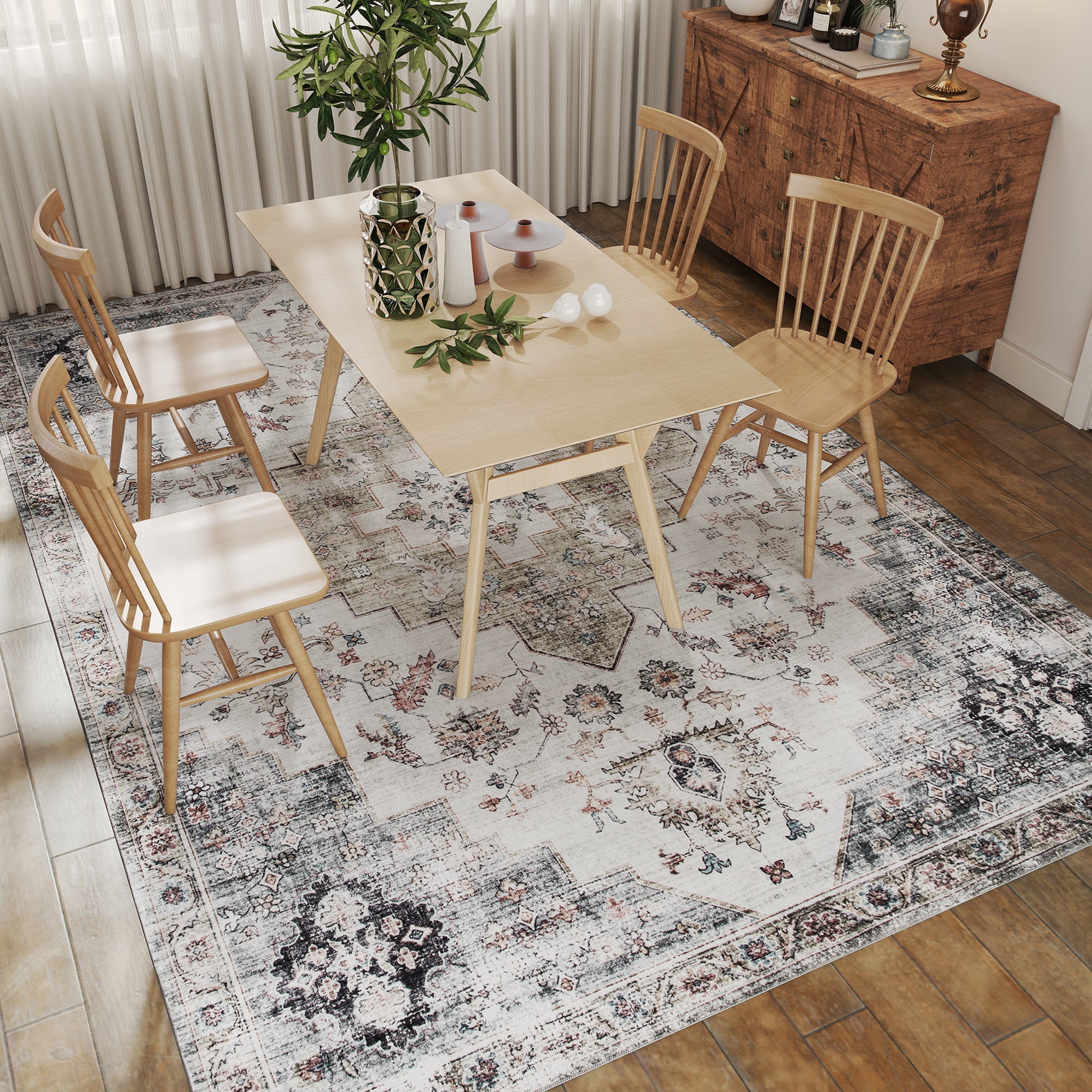 8x10 Area Rug, Vintage Machine Washable Rug, Non-Slip Carpet for Living Room, Bedroom, Dining Room, Brown and Green