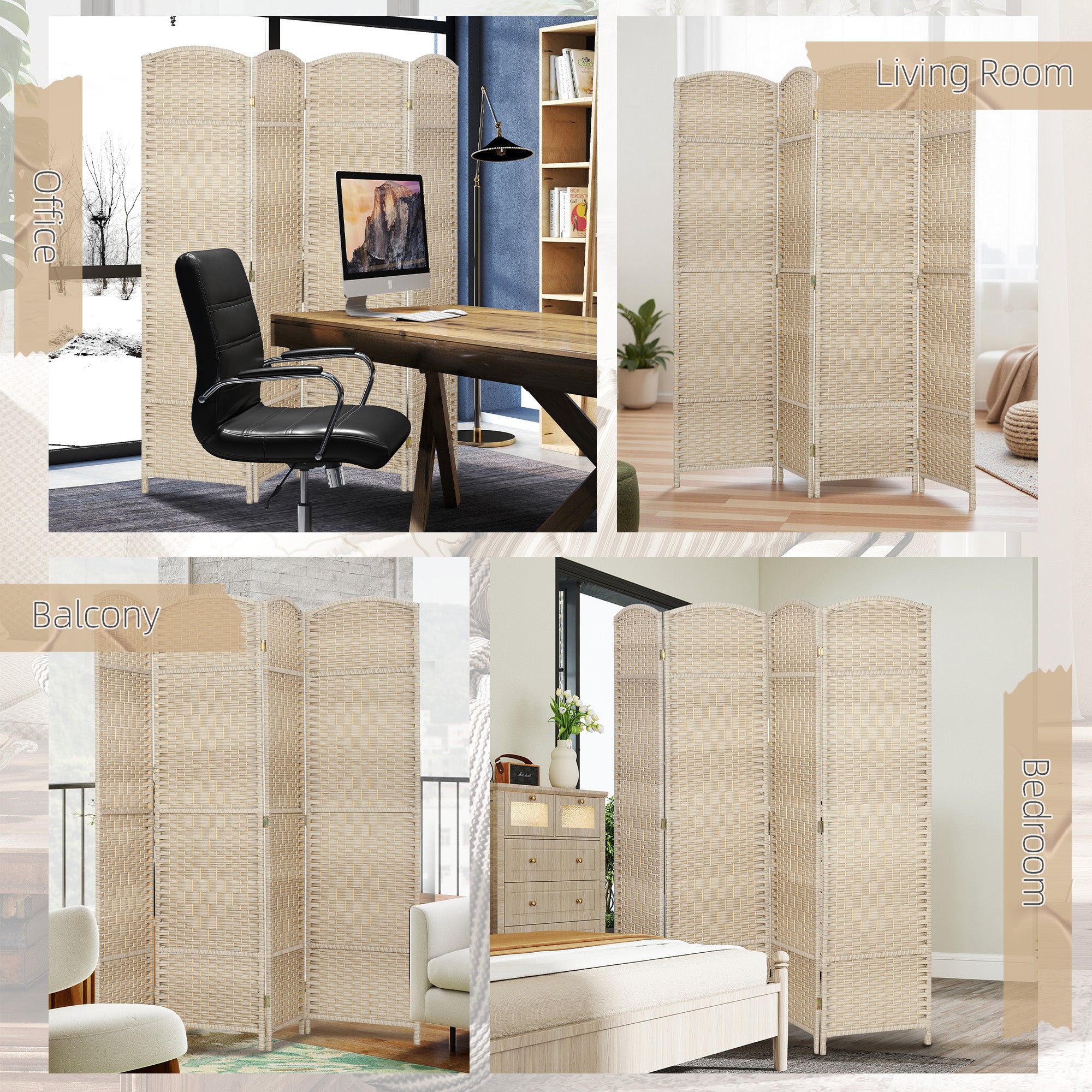 Folding Room Divider Screen 4 Panel 6' Tall Privacy Screen Freestanding Wood Partition for Home Office, Washed Oak