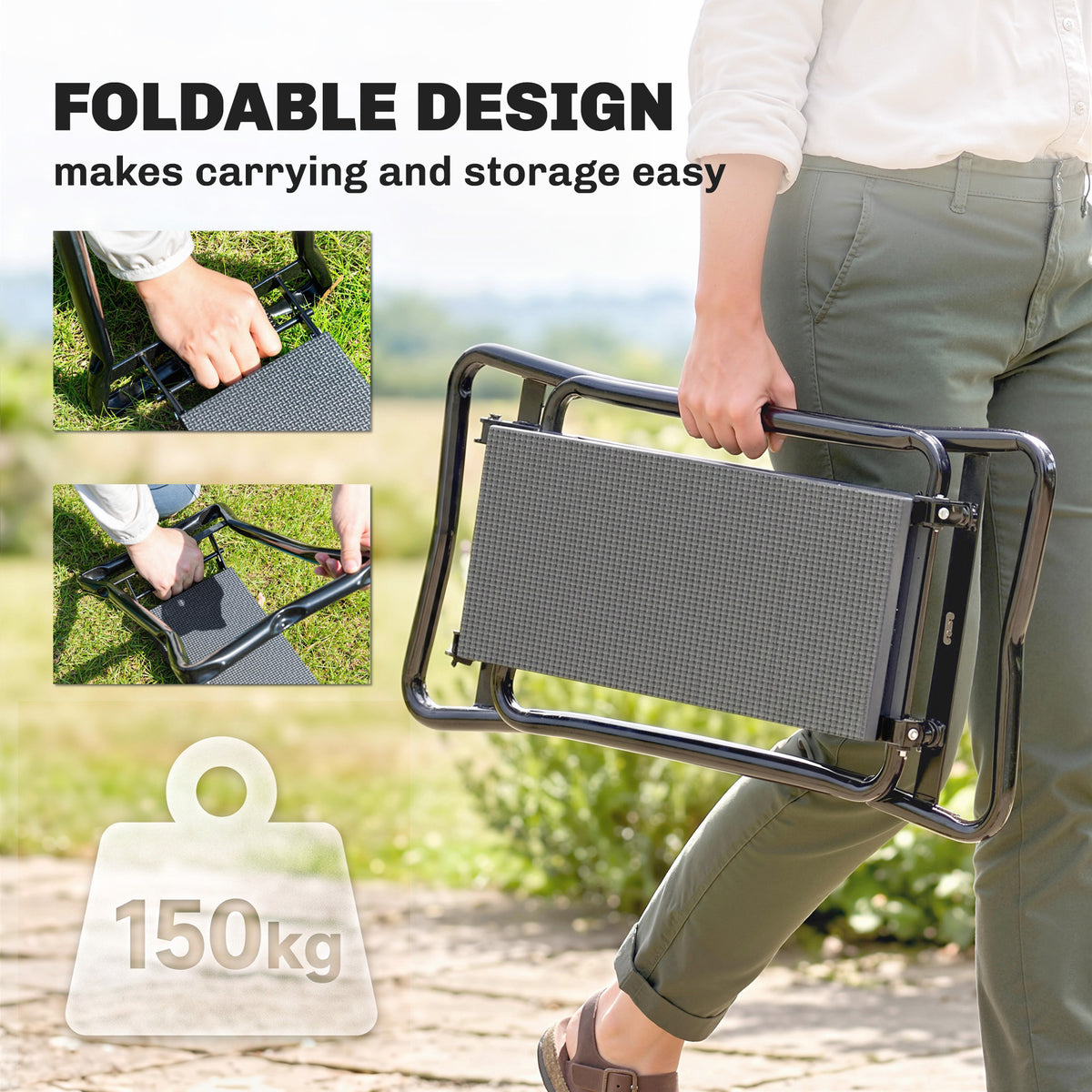 2-In-1 Garden Kneeler and Seat, Heavy Duty Foldable Garden Stool with Soft EVA Pad and Tool Pouch, Gray