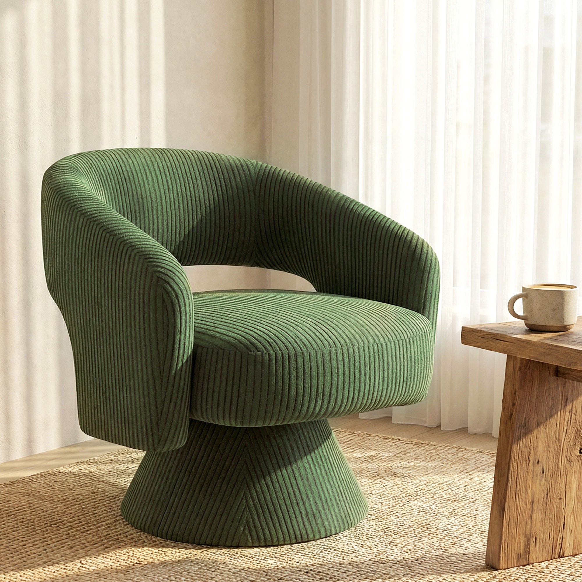Swivel Barrel Accent Chair, Modern Upholstered Living Room Chair with Thick Padding for Reading, Green