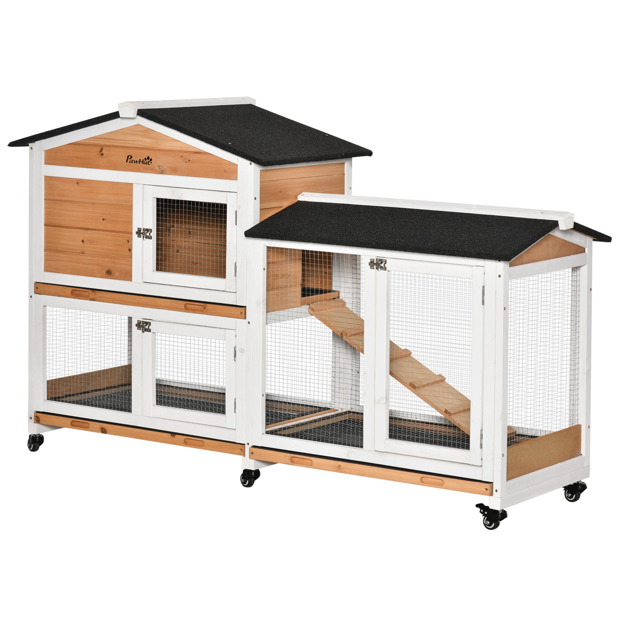 62" Wooden Mobile Rabbit Hutch with Wheels, Run Box, Slide-out Tray, Ramp, Yellow - Natural Wood