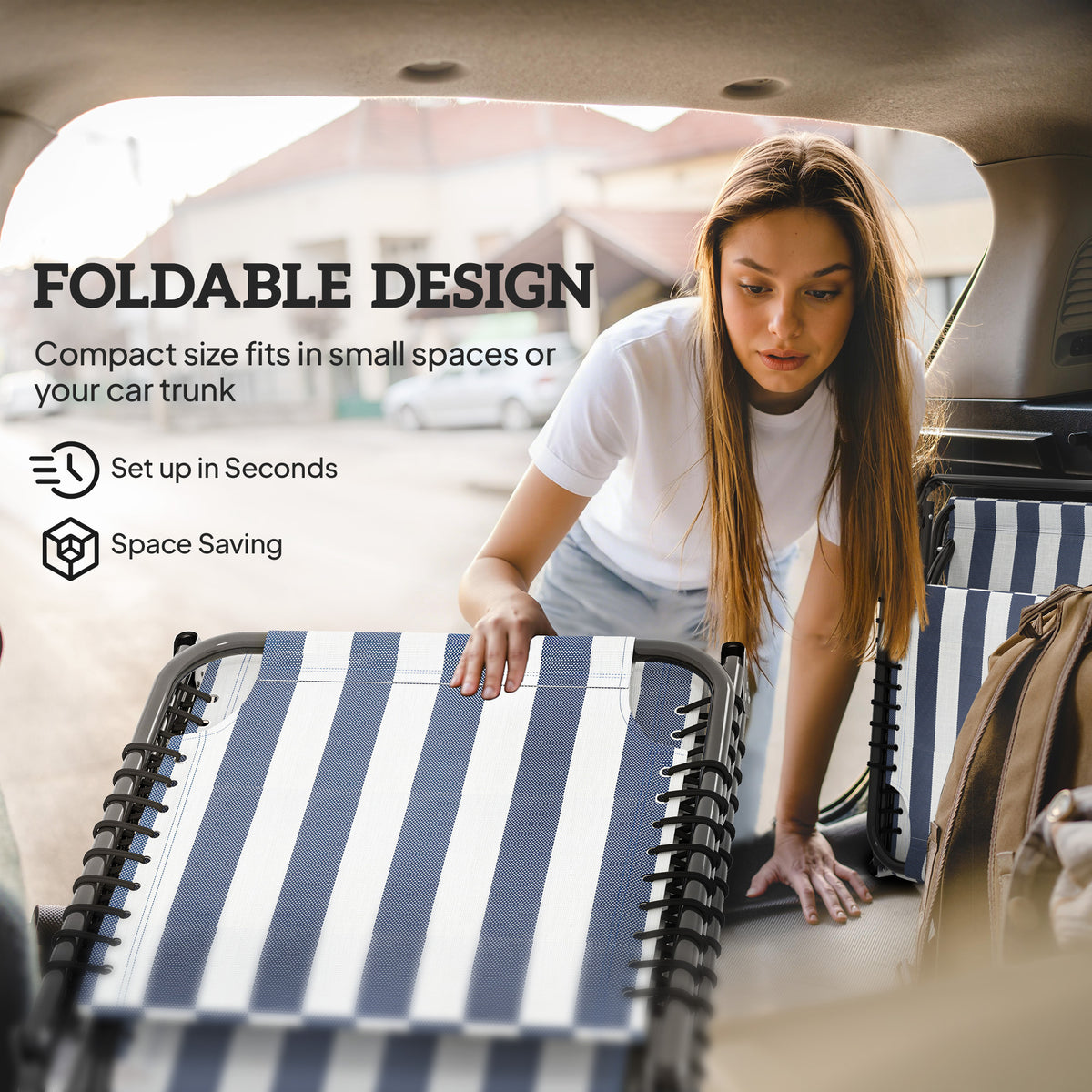 2 Folding Chaise Lounge Pool Chairs with 4-Position Reclining Back, Pillow, Breathable Mesh & Bungee Seat, Blue White