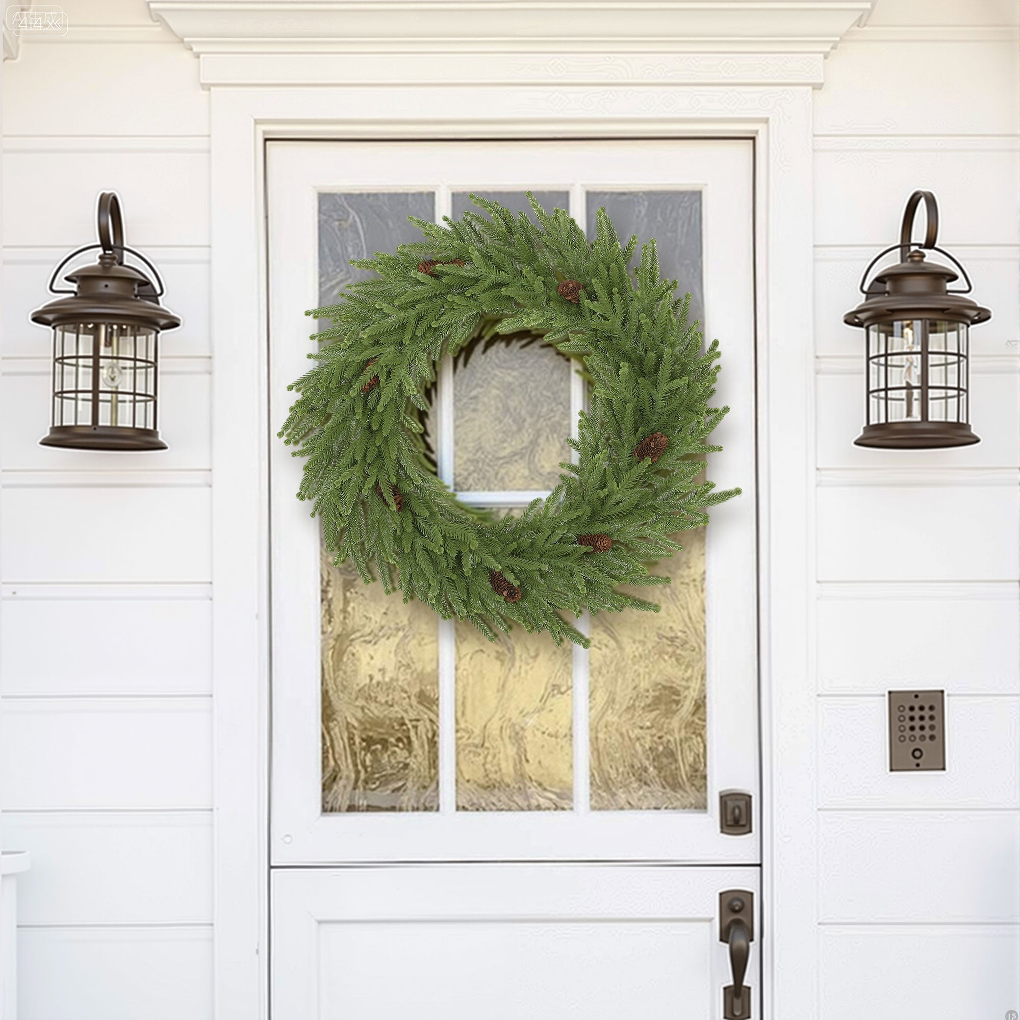 24 inch Christmas Wreath, Artificial Norfolk Pine Wreath with Pine Cones and 88 Realistic Branches for Door, Wall