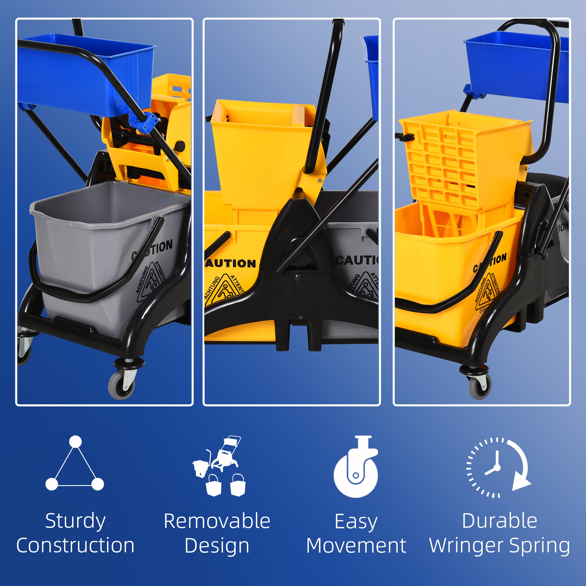 2 x 6.9 Gallon Mop Water Bucket Wringer Cart with Easy to Use Side Press Wringer, Smooth Wheels, Mop-Handle Holder