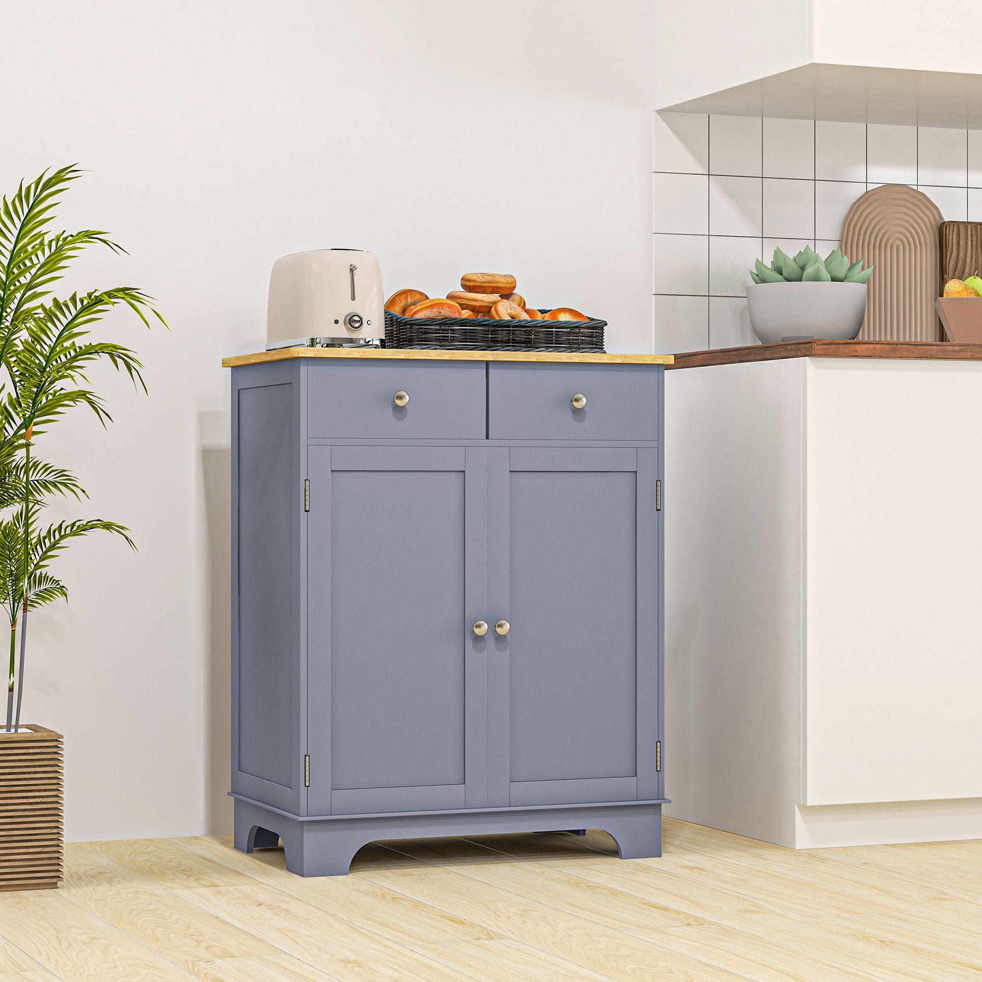 Kitchen Storage Cabinet, Sideboard Floor Cupboard with Solid Wood Top, Adjustable Shelf, and 2 Drawers, Gray