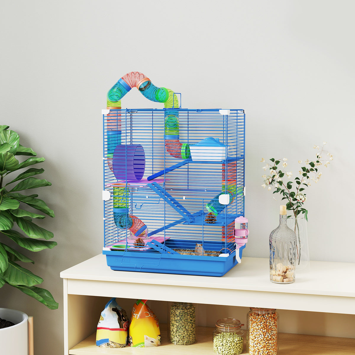 5 Tiers Hamster Cage Portable Animal Travel Carrier w/ Exercise Wheels Tube, Blue