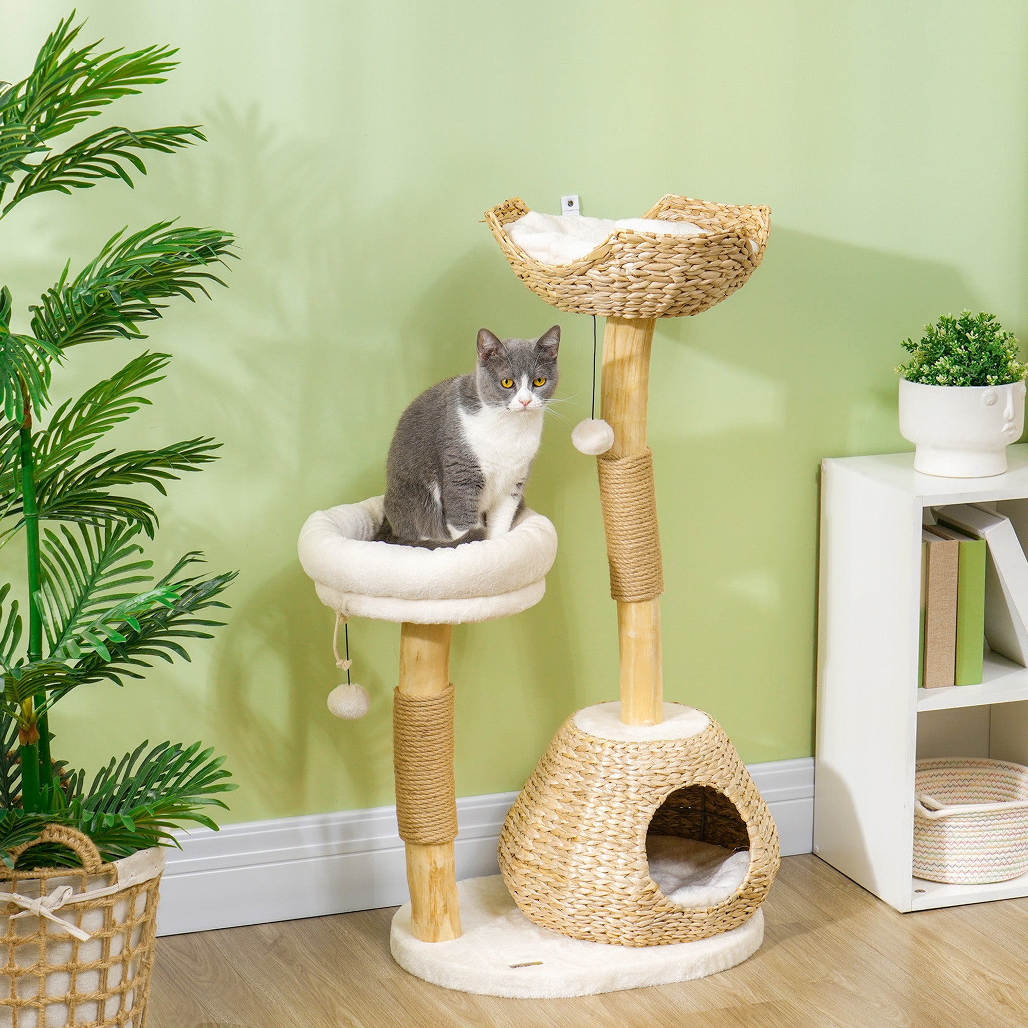 41" Cat Tree for Indoor Cats with Wooden Cat Scratching Posts, Cat Condo, Cat Beds & Toy Balls, Cream White - Cream White - Image 2