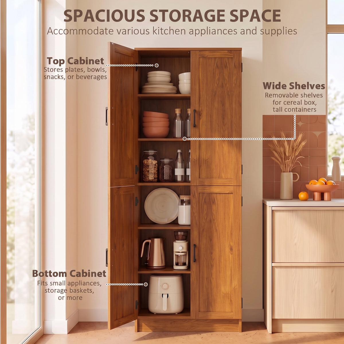 Freestanding Kitchen Pantry, 4-Door Kitchen Pantry Cabinet with Adjustable Shelves and Doors, Teak