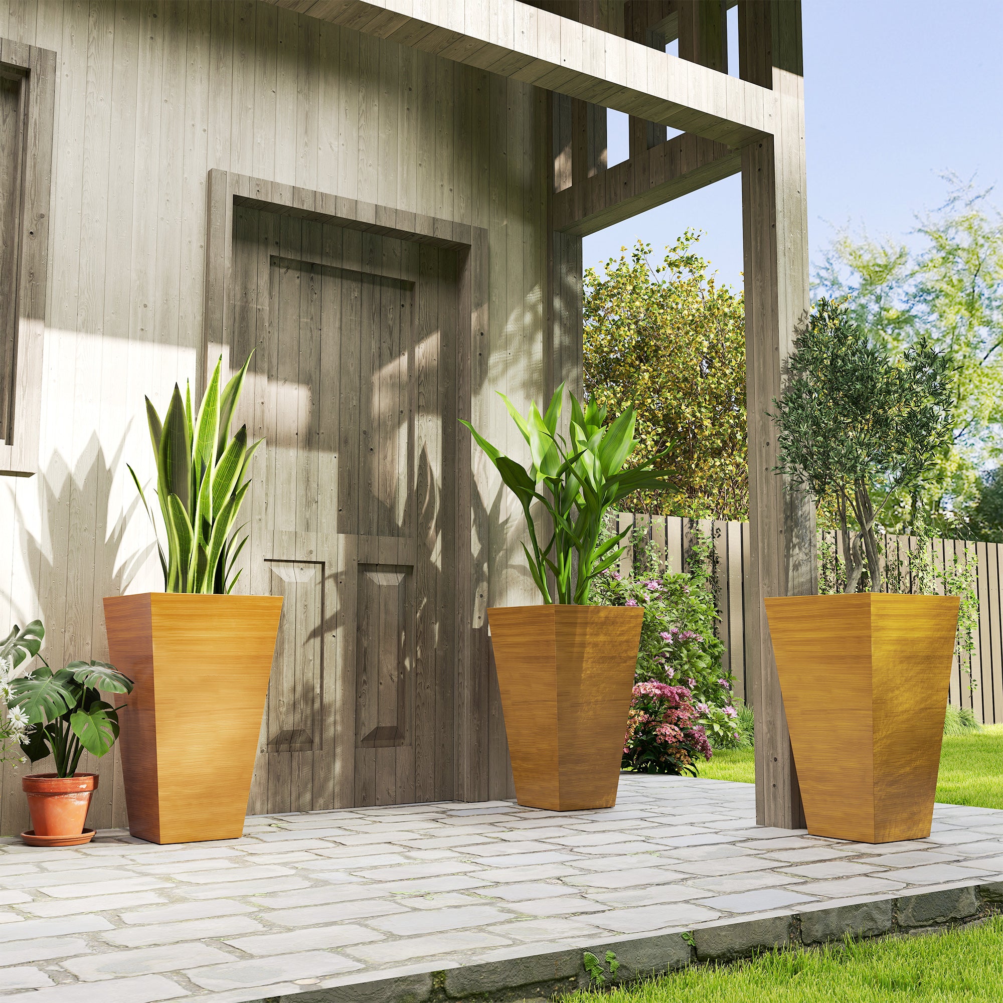 Set of 3 Tall Planters, 28" Outdoor Planter w/ Drainage Holes, Faux Wood Plastic Flower Pots, Light Brown - Brown - Image 2