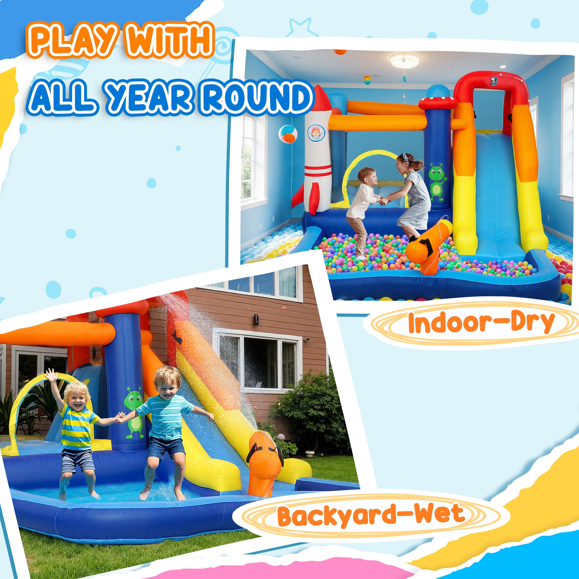 5 in 1 Inflatable Bounce House, Water Slide with 550W Blower, Splash Pool, Trampoline, Climbing Wall, Cannon