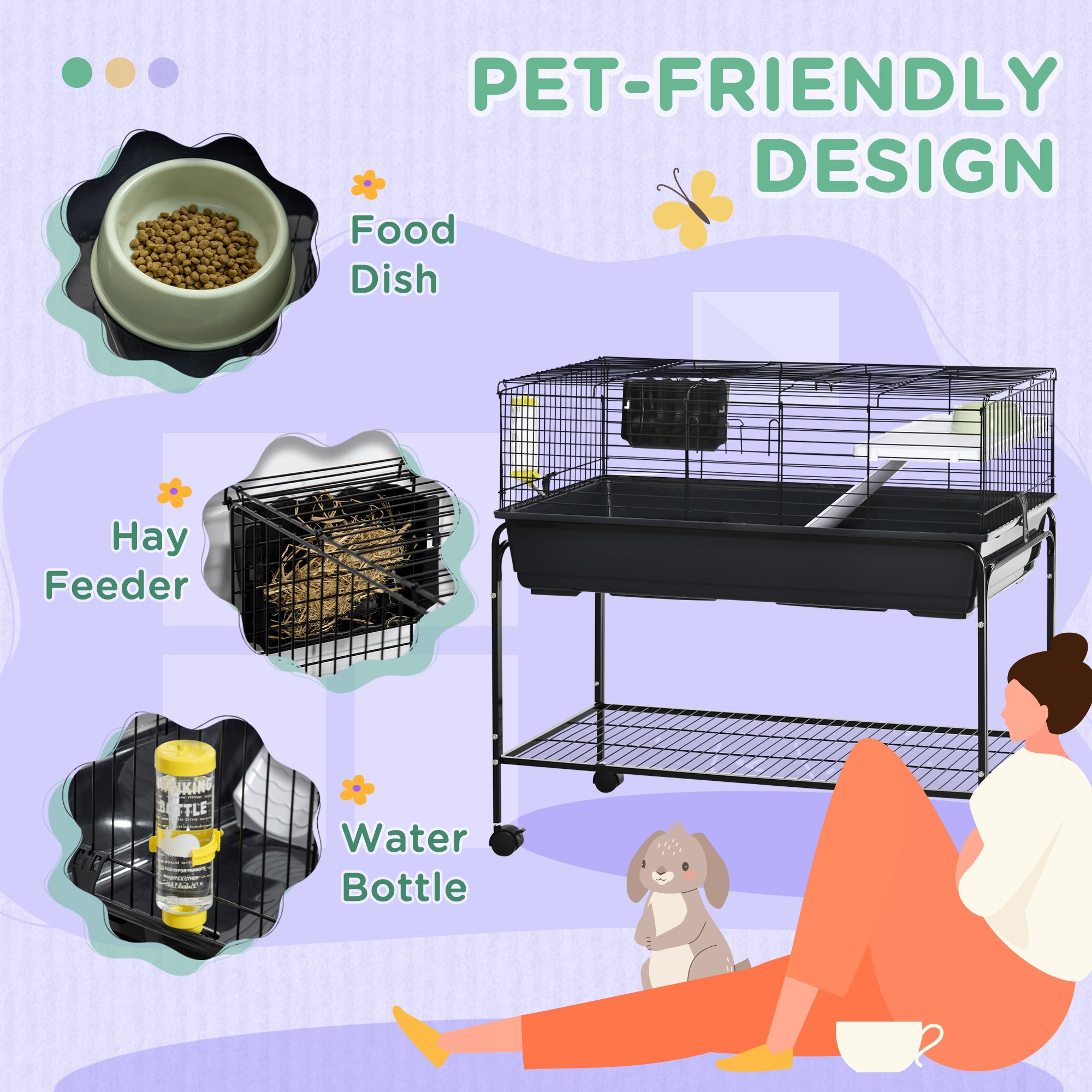 Two-Story Small Animal Cage Removable from Stand, Guinea Pig Cage with Shelf & Wheels, Pet Habitat for Hedgehog, Chinchilla, Ferret, 39" x 20.5" x 36.5", Black - Grey - Image 7