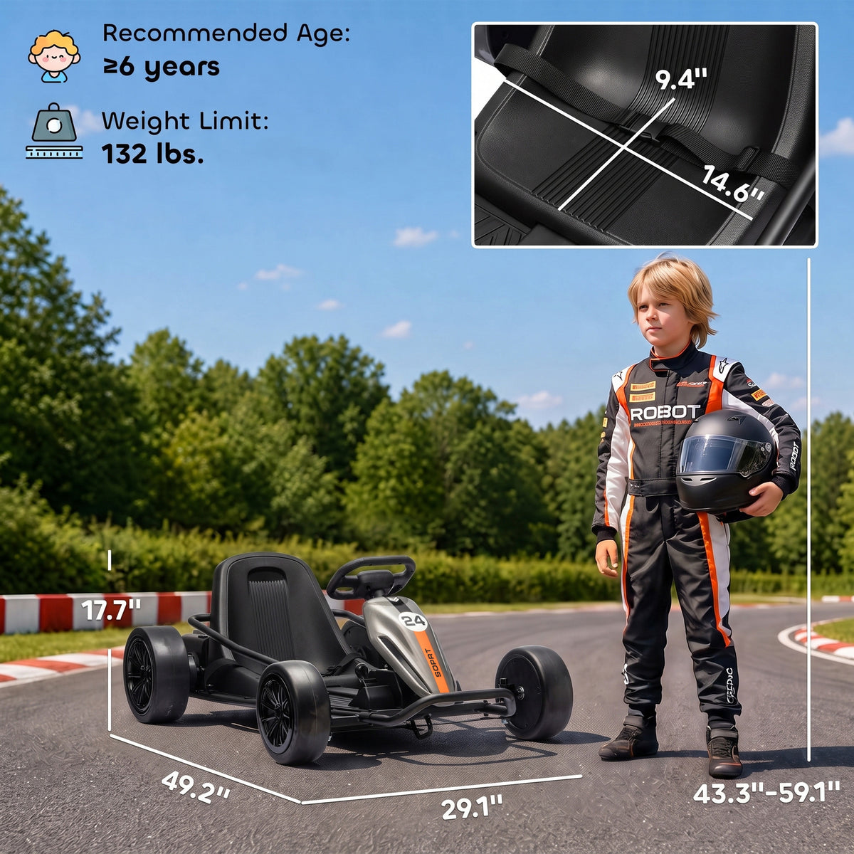24V Electric Drift Go Kart for Kids with Dual Motors, Soft Start, PU Wheels, 7.5MPH High Speed, for Ages 6+, Gray