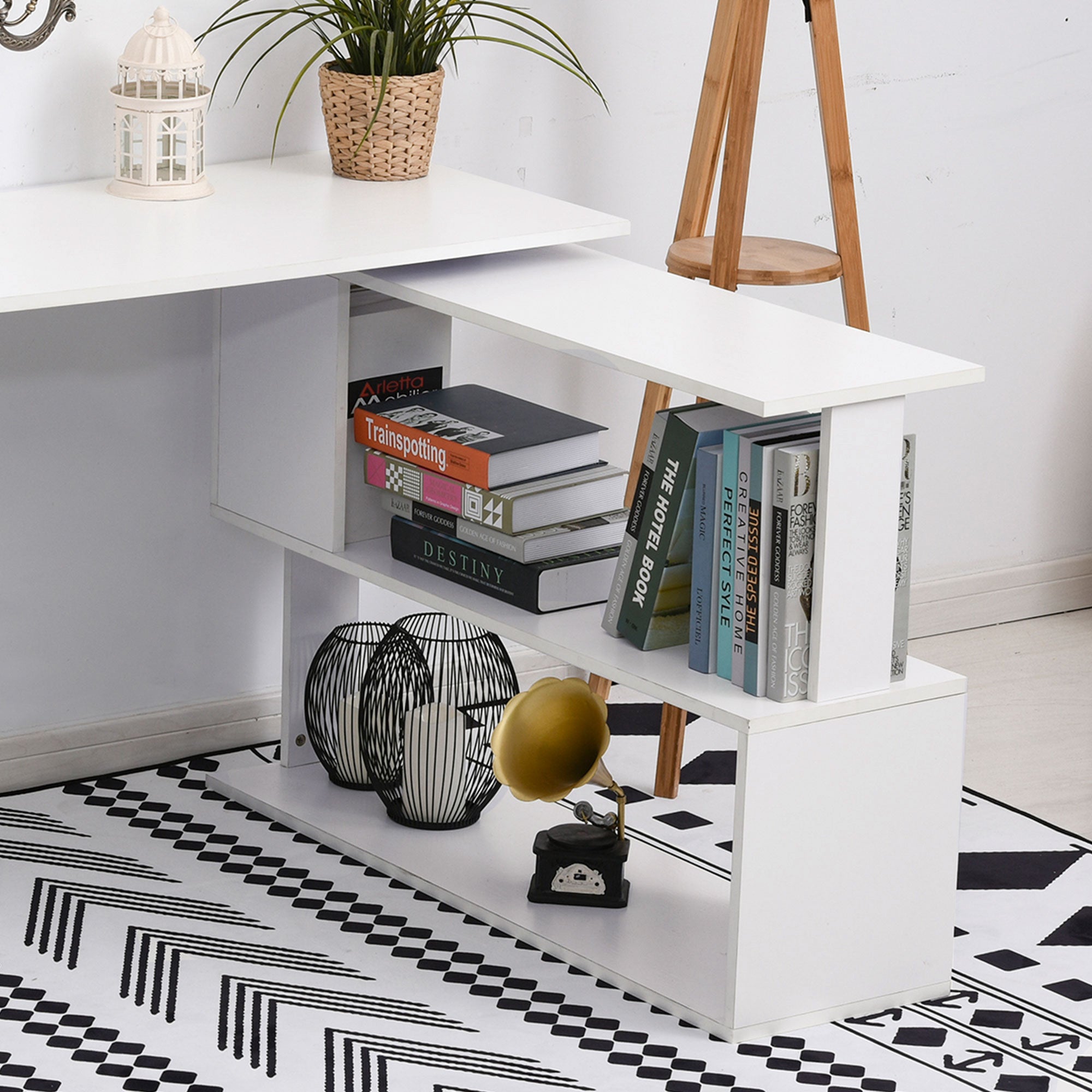 L Shaped Desk, Corner Computer Desk, 360 Degree Rotating Home Office Desk with Storage Shelves, Writing Table Workstation, White