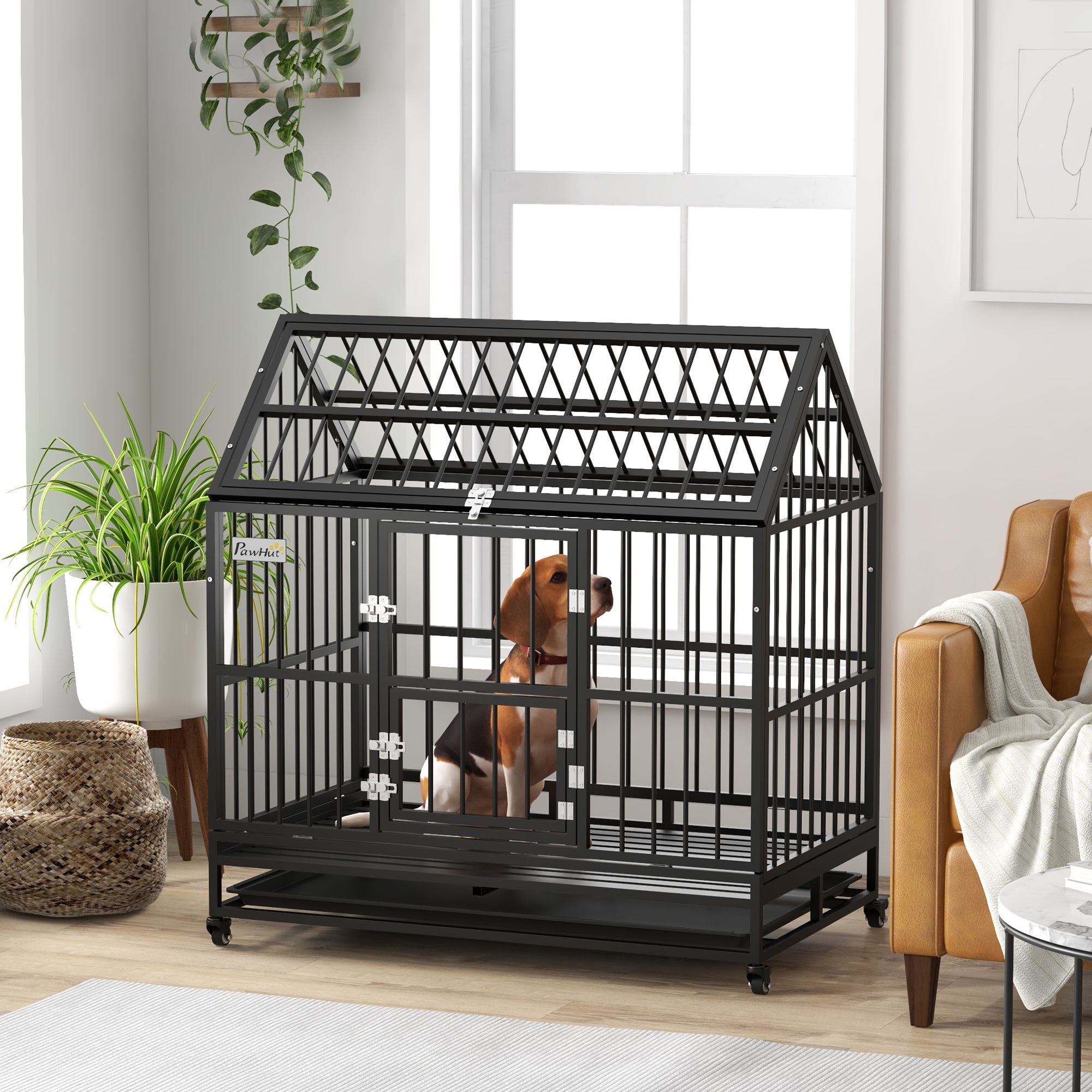 48" Heavy Duty Dog Crate with 4 Lockable Wheels, Double Doors, and Removable Tray, for XL and L Dogs - Black - Image 2
