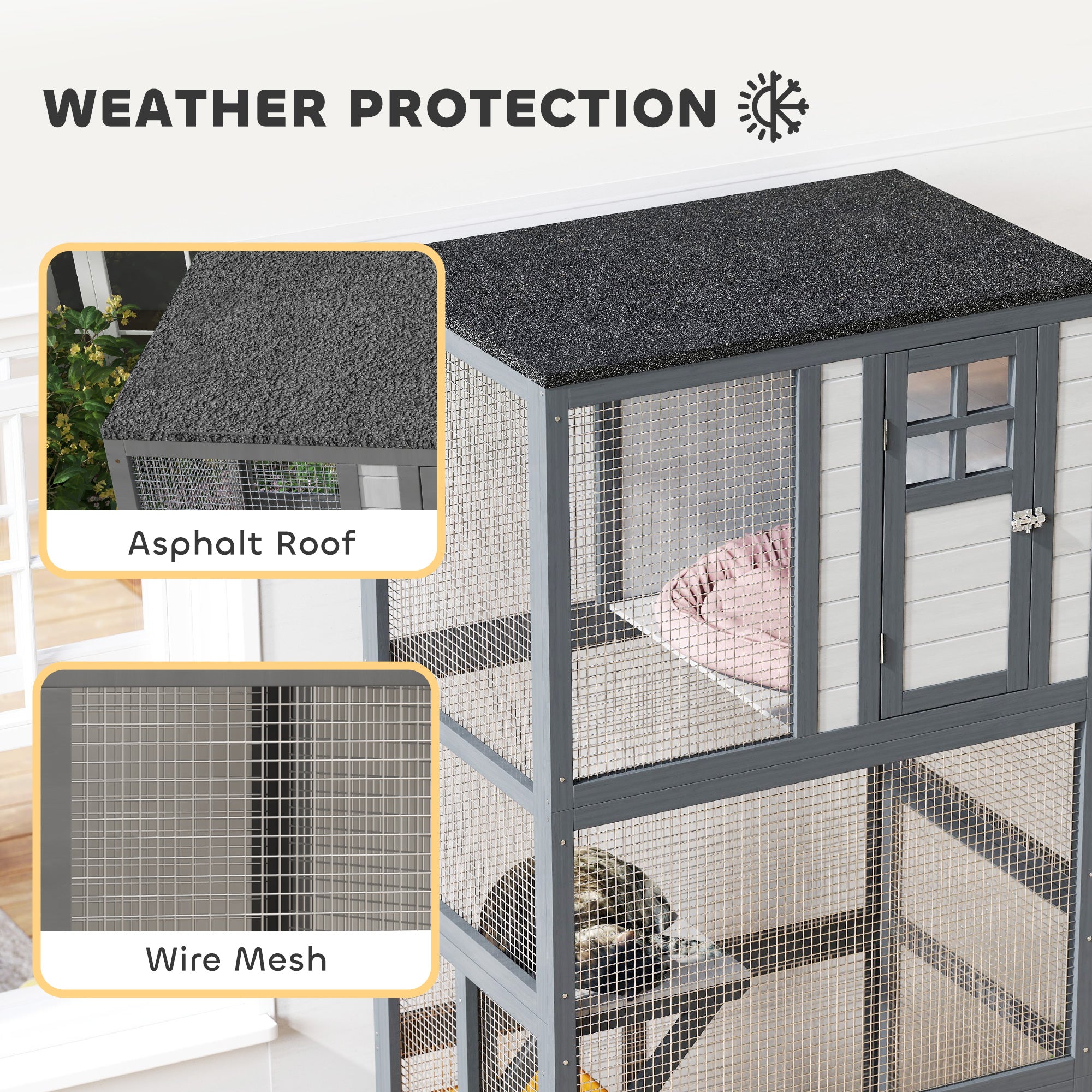 74" Wooden Outdoor Cat House Catio with High Weight Capacity, Cat Cage Condo, Dark Gray - Light Gray - Image 5