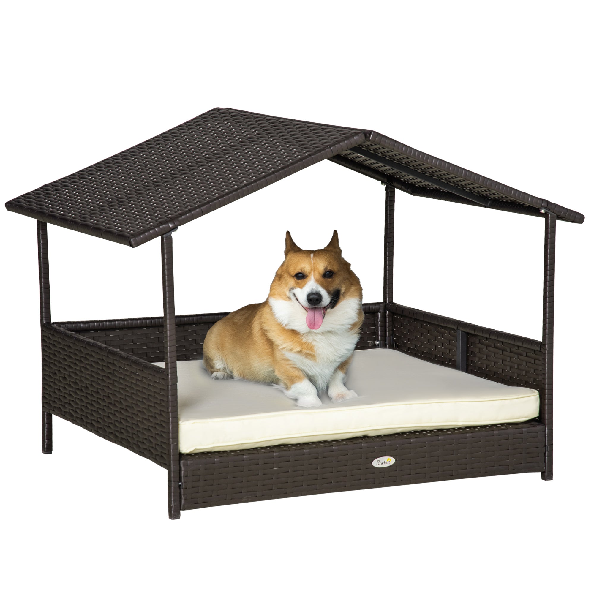 Wicker Dog House Outdoor with Canopy, Rattan Dog Bed with Water-resistant Cushion, Raised Dog Bed for Small, Medium Dogs up to 66 lbs, 19.75" in Length, Brown Wicker, White Cushion - Cream White
