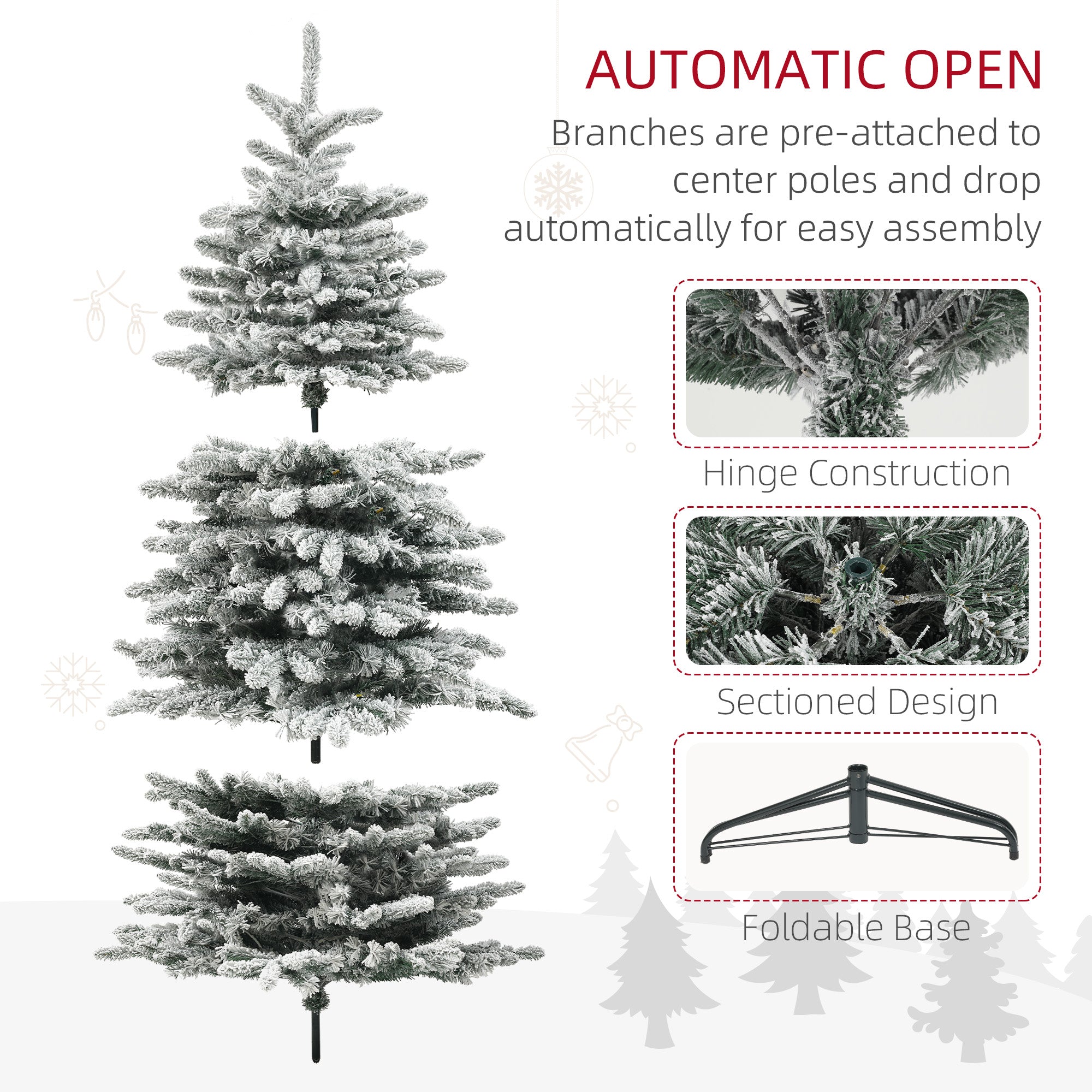 6.5ft Snow Flocked Artificial Christmas Tree, Pre-Lit Christmas Tree with 400 LED Lights and 990 Branch Tips, Green