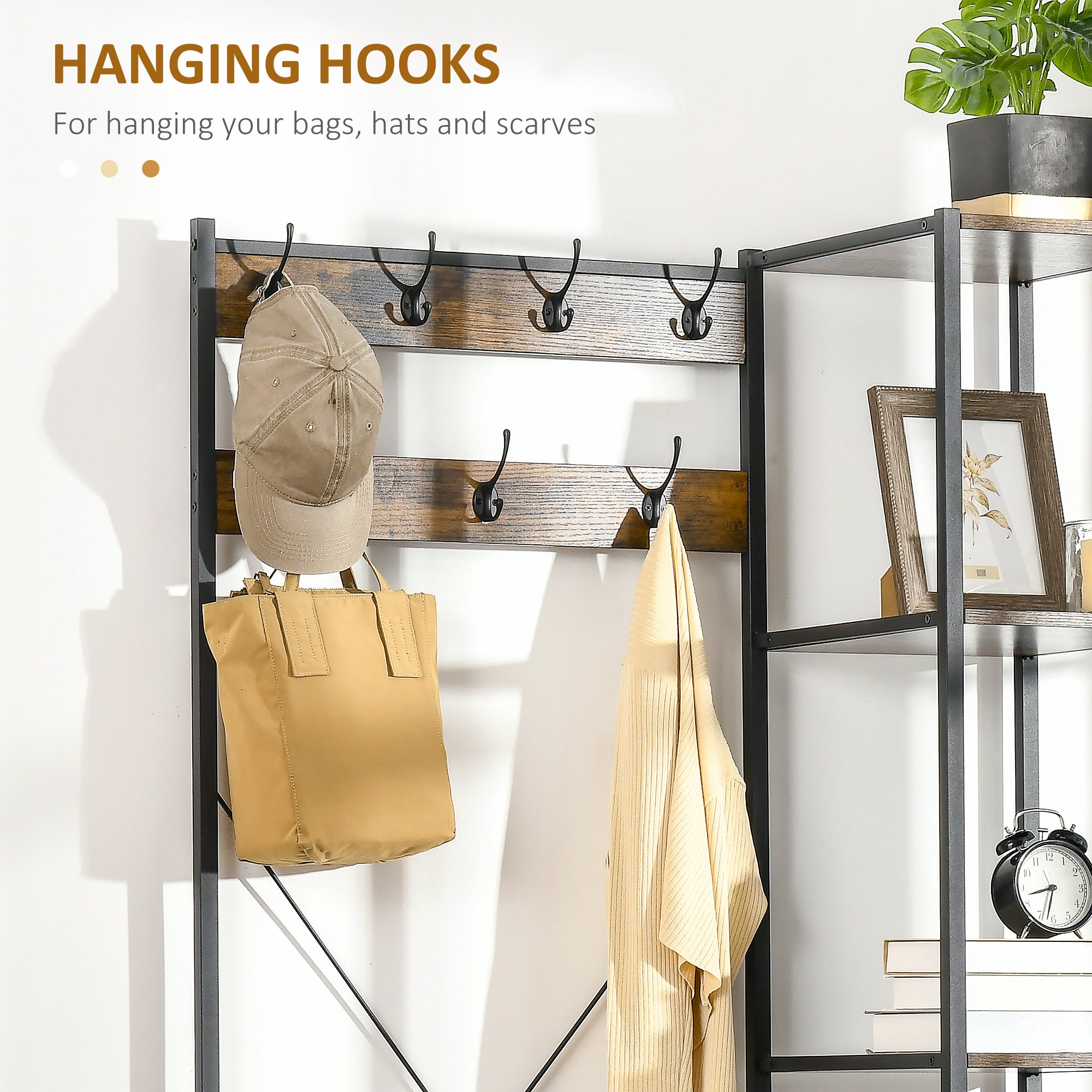 Industrial Hall Tree with Side Storage Shelves, Entryway Bench with Coat Rack, Freestanding Coat Tree with Shoe Storage and Hooks, Rustic Brown