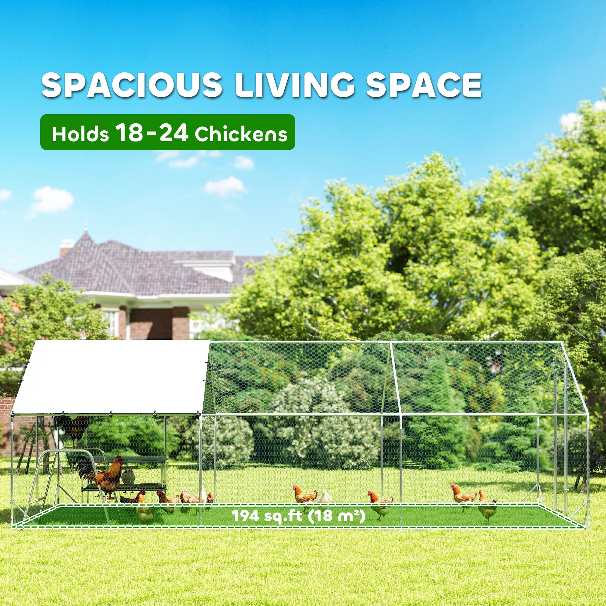 Large Metal Chicken Coop with Waterproof Cover, Roosting Bar, Nesting Box, 9.8' x 19.7' x 6.4' - Silver - Image 4