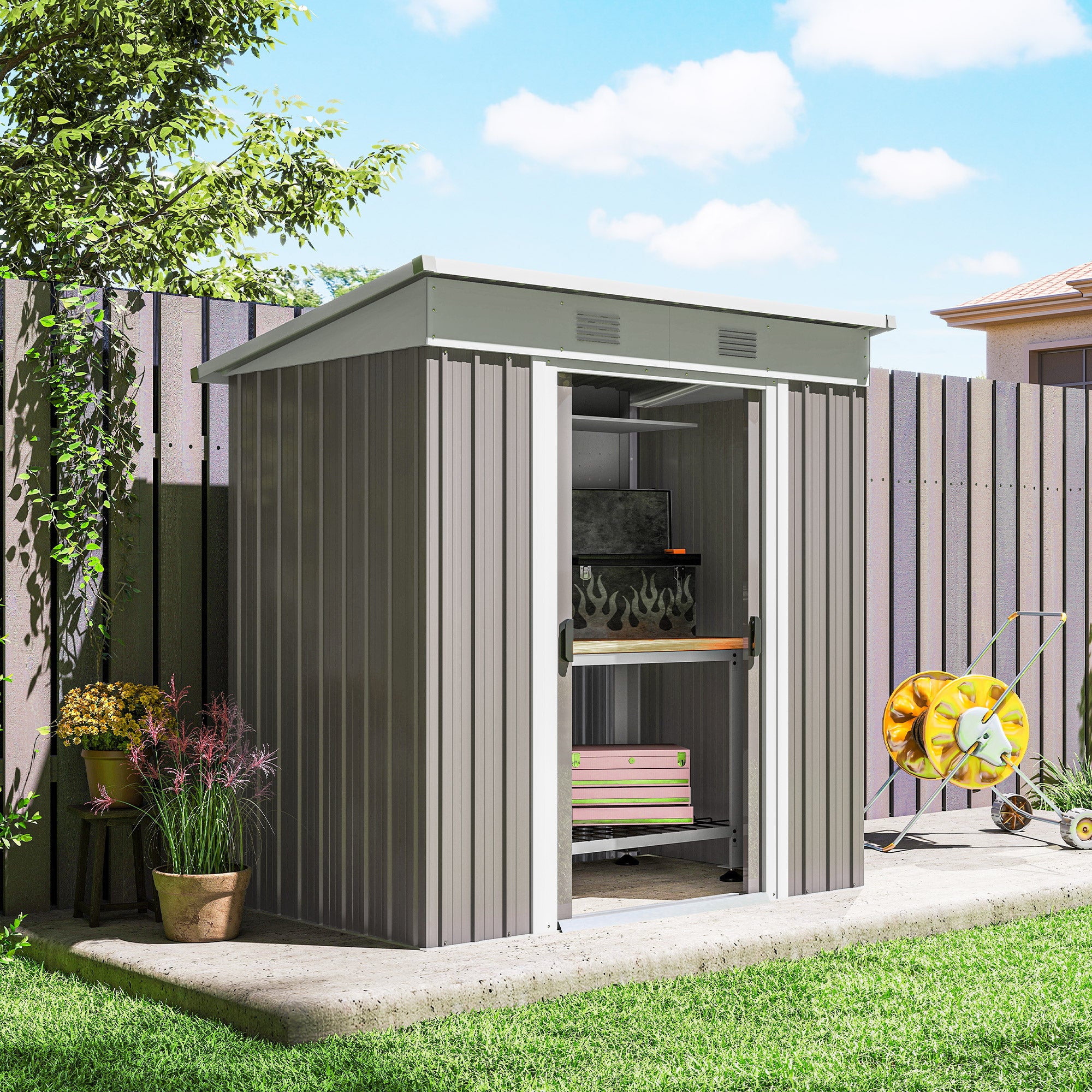 6' x 4' Metal Garden Shed, Backyard Tool Storage Shed with Dual Locking Doors, 2 Air Vents and Steel Frame, Gray - Gray - Image 8