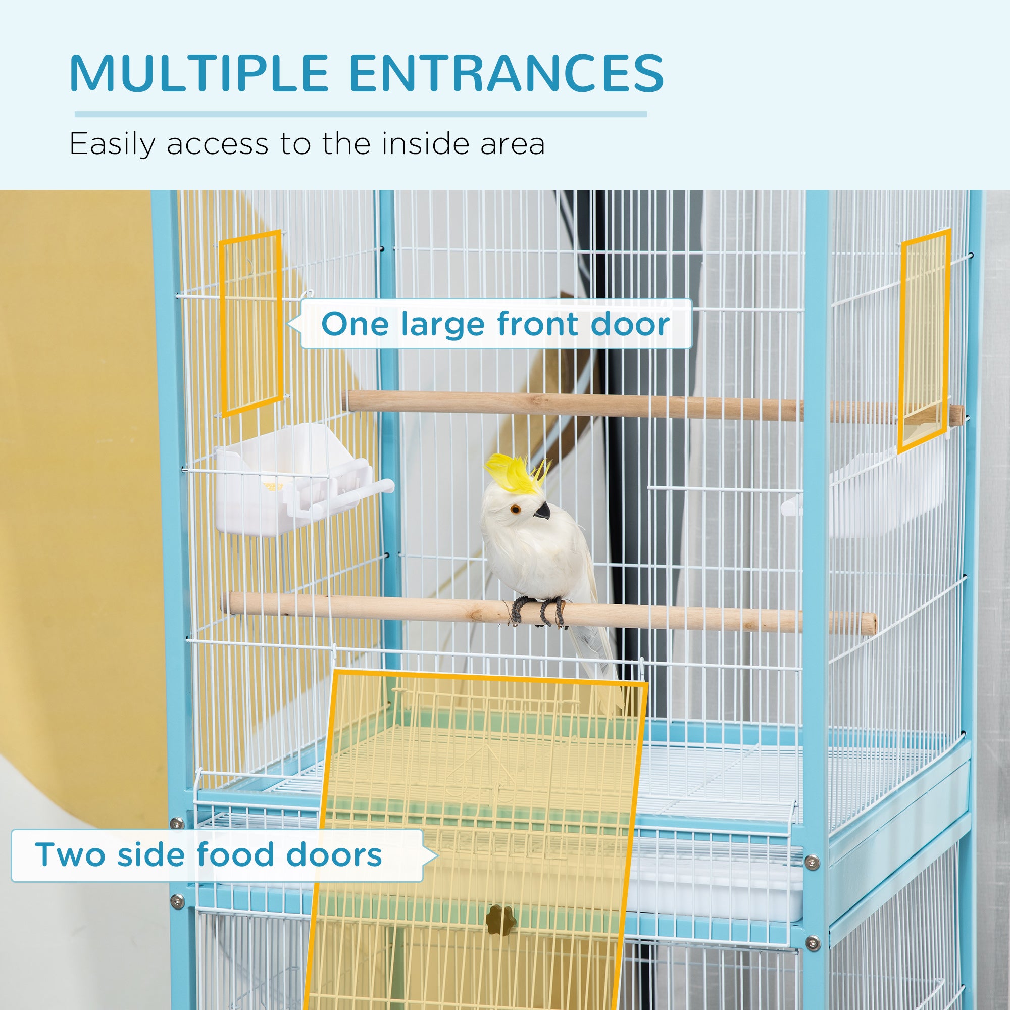 55" 2 In 1 Bird Cage Aviary Parakeet House for finches, budgies with Wheels, Light Blue - Light Blue - Image 5