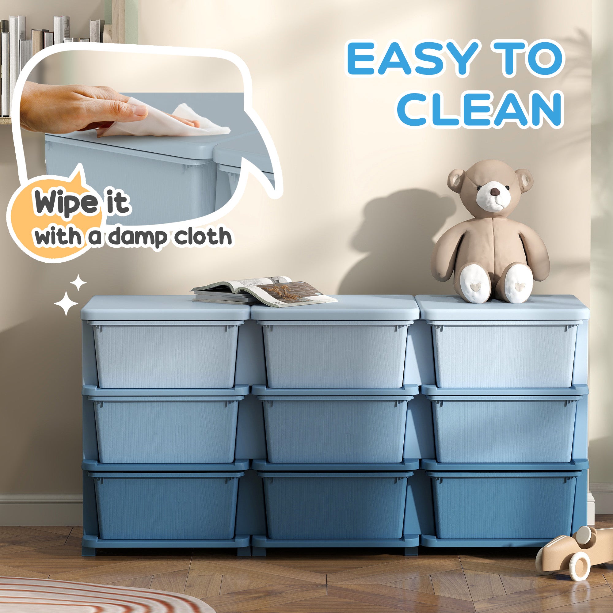 29.5" 3 Tier Kids Storage Unit Dresser Tower w/ 9 Drawers, Blue