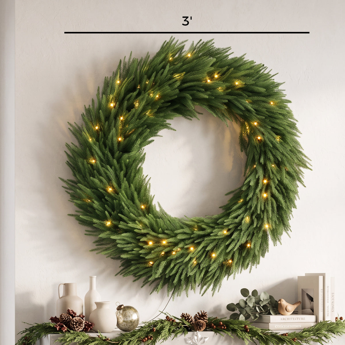 Christmas Decoration, 36 in Pre-Lit Norfolk Pine Artificial Christmas Wreath with 100 LED Lights, Green