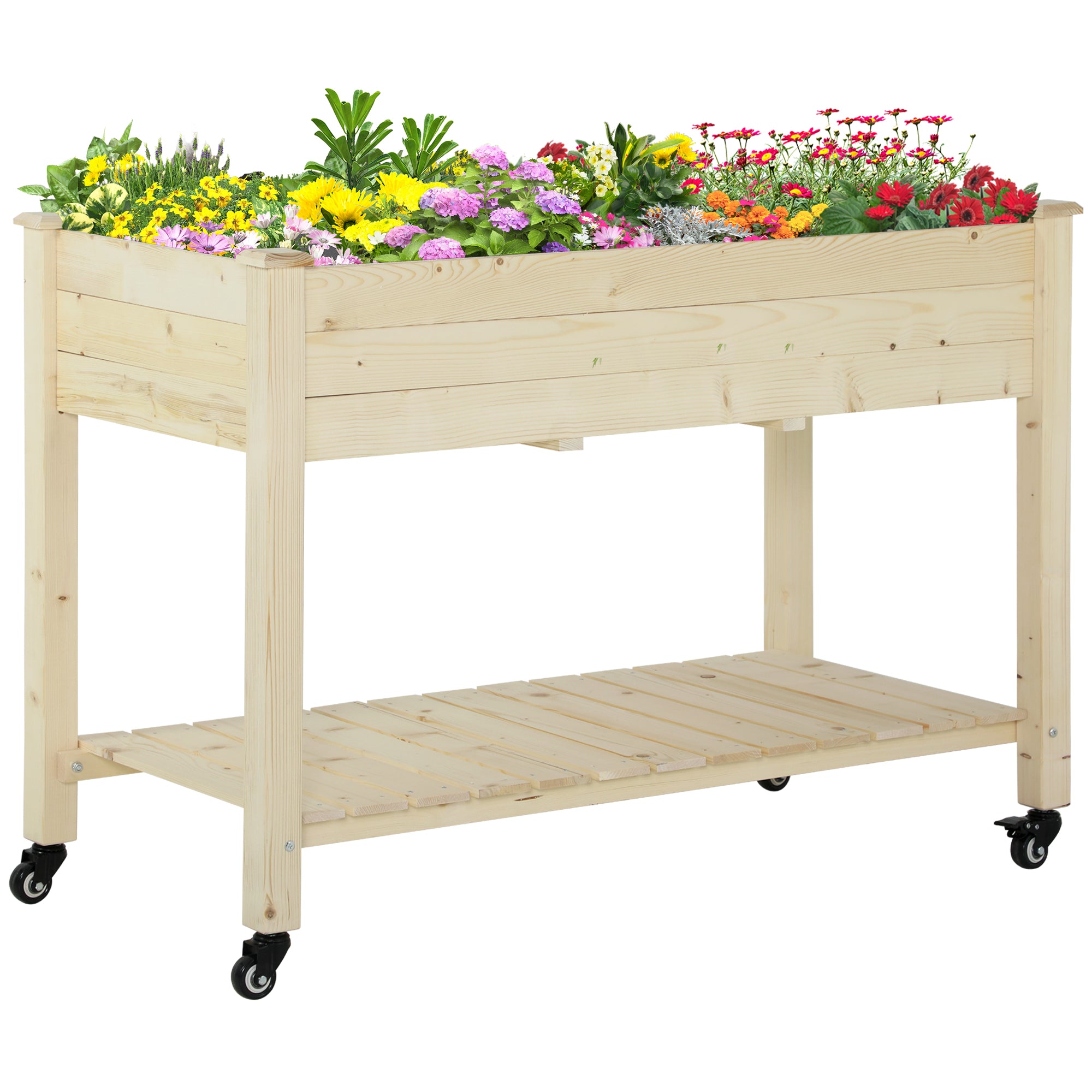Raised Garden Bed, 47" x 22" x 33", Elevated Wooden Planter Box w/ Lockable Wheels, Storage Shelf, and Bed Liner for Backyard, Patio, Natural - Natural