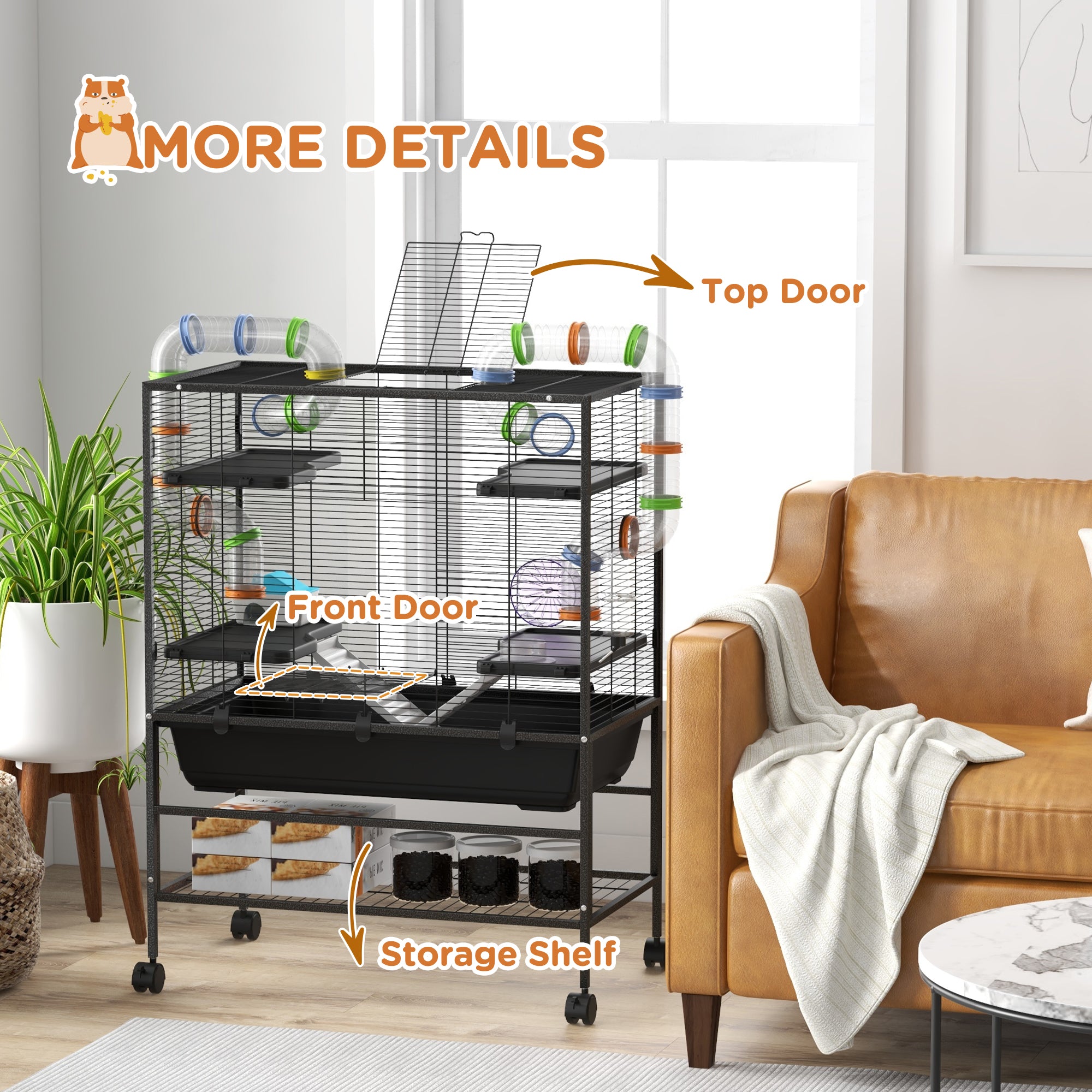 Small Animal Cage for Syrian Hamster, Gerbil Cage with Tubing System, Running Wheel, Ramps, Platforms - Black - Image 8