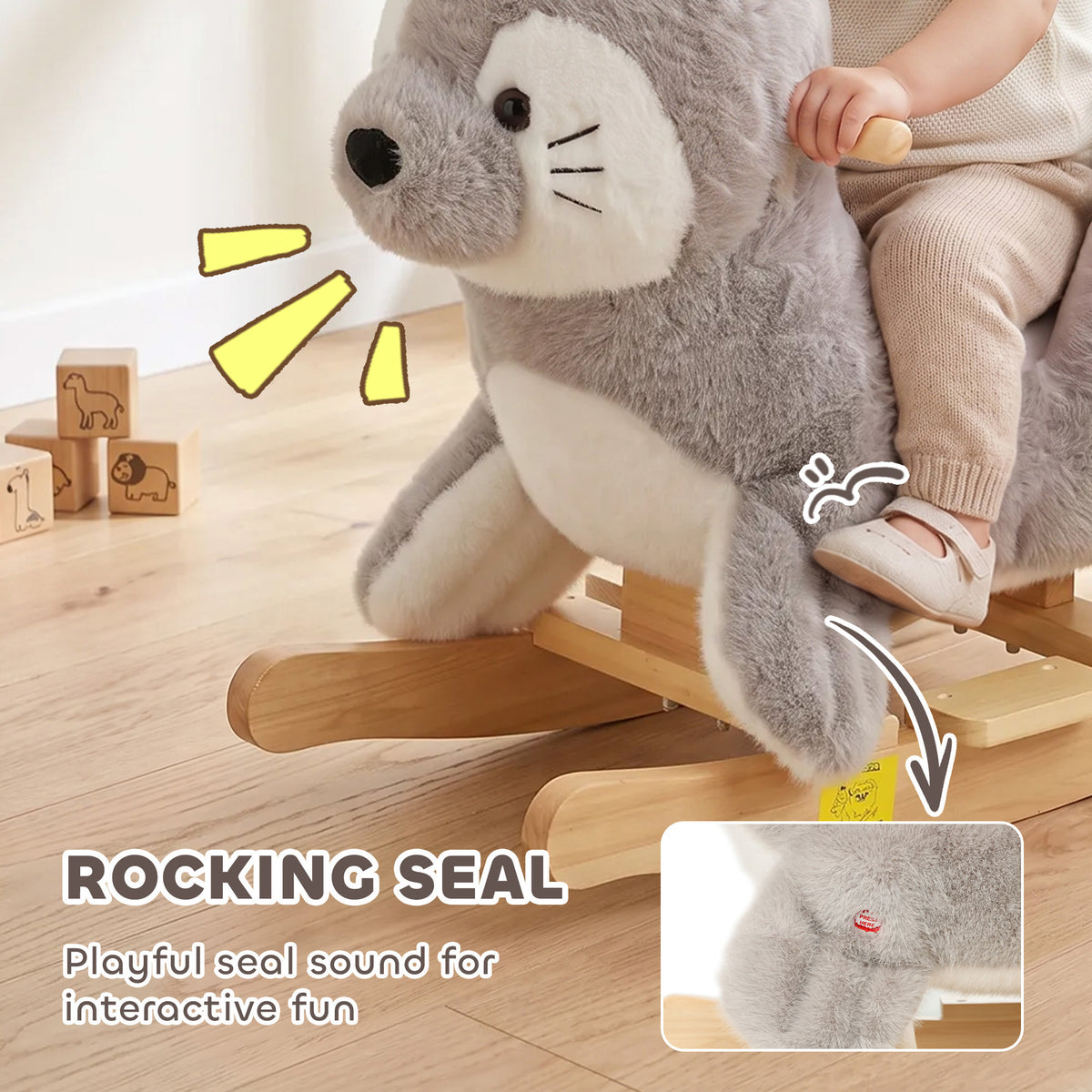 Seal Baby Rocking Horse, Kids Plush Ride-On Toy with Realistic Sounds and Safety Belt for Babies Ages 12-36 Months