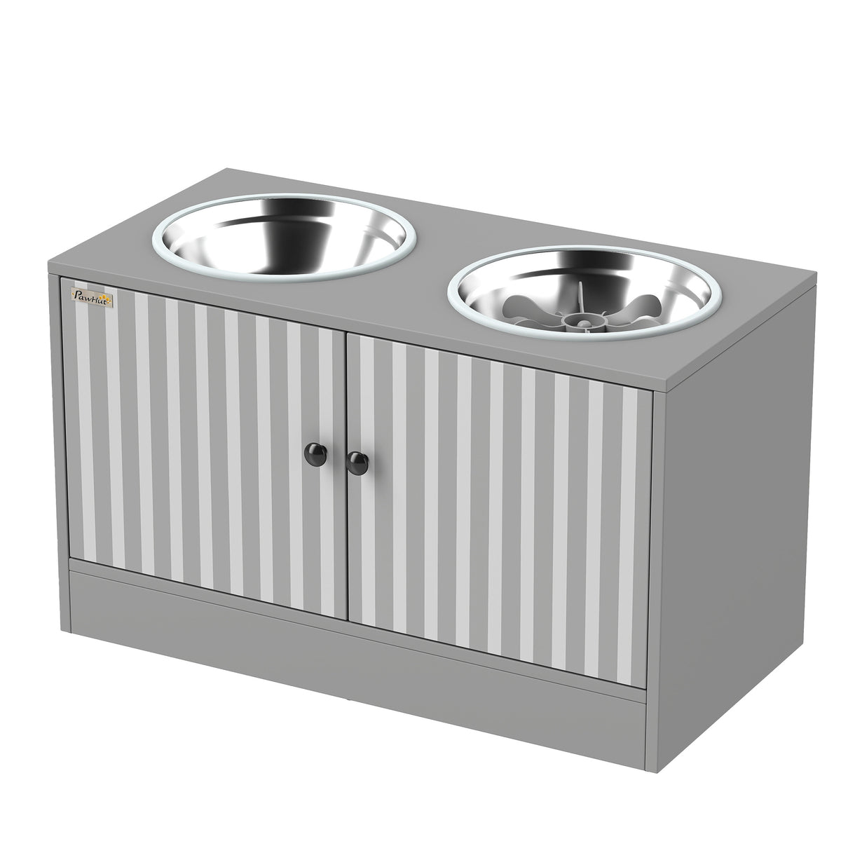 Elevated Dog Bowls with Storage Cabinet, 2 Stainless Steel Bowls, Slow Feeder, Dog Feeding Station for Large Dogs, Gray