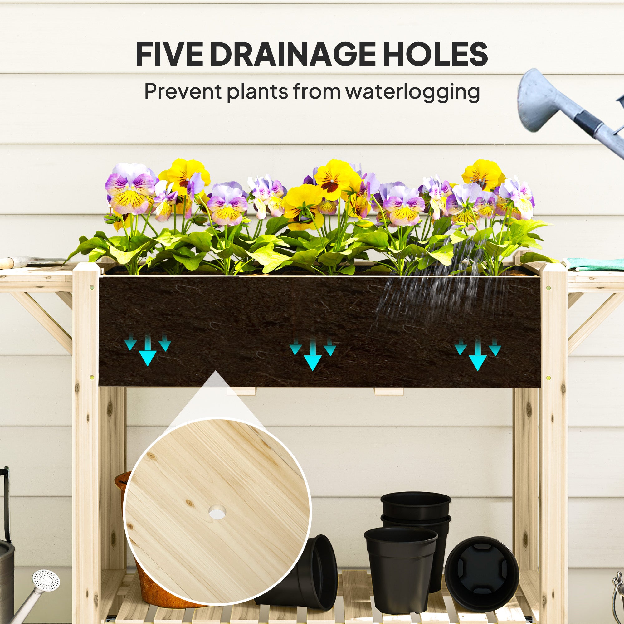 Wood Raised Planter Box, Elevated Garden Bed with Lockable Wheels, Side Tables, Bottom Shelf, Drain Holes, Natural - Natural Wood - Image 7