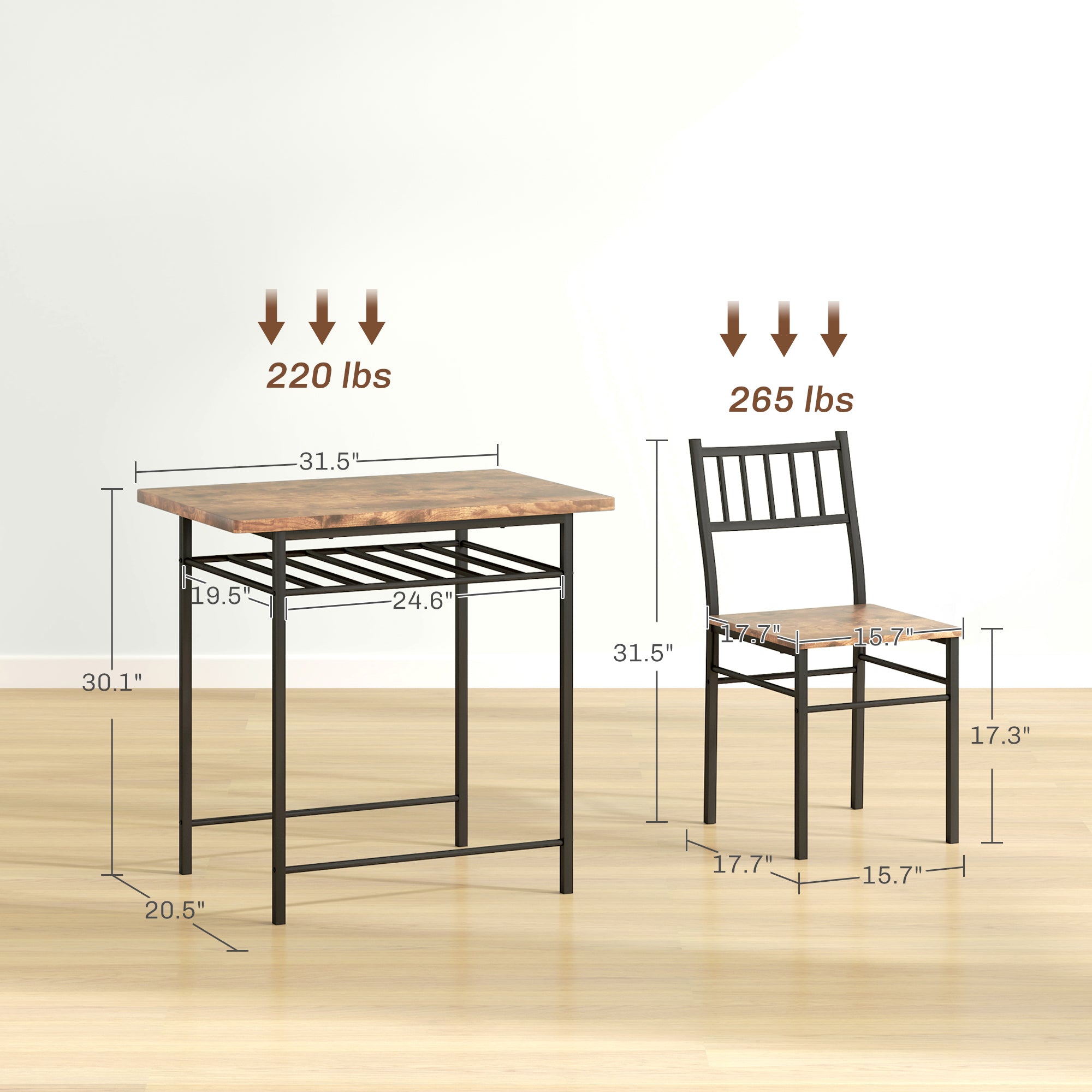 3-Piece Small Dining Table Set for 2, Kitchen Table and Chairs with Storage Rack and Steel Frame, Brown