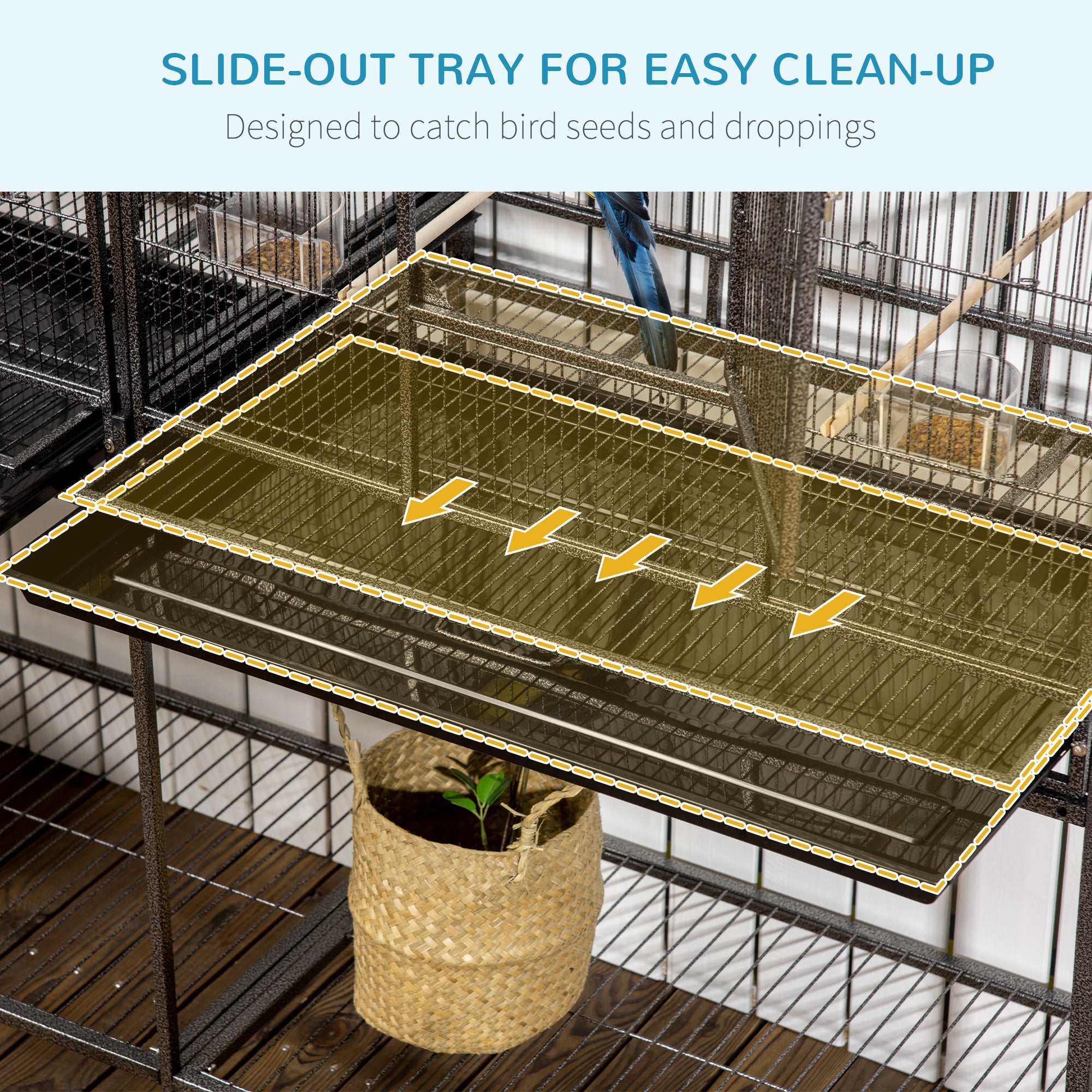 Rolling 65"L Bird Cage w/ Storage Shelf Wood Perch Food Container - Black, Gray - Image 4