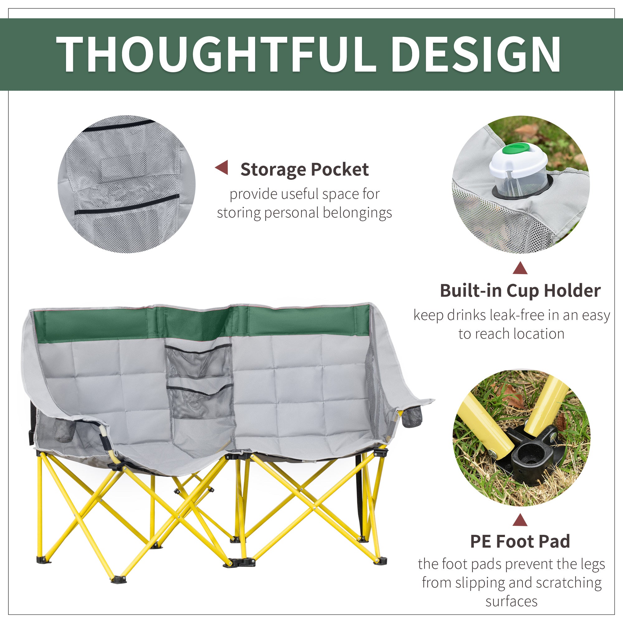 Loveseat Style Camping Chair, Oversized Folding Lawn Chair with Carry Bag & Cup Holders, for Outdoor, Beach, Picnic, Hiking, Travel, Green & Gray