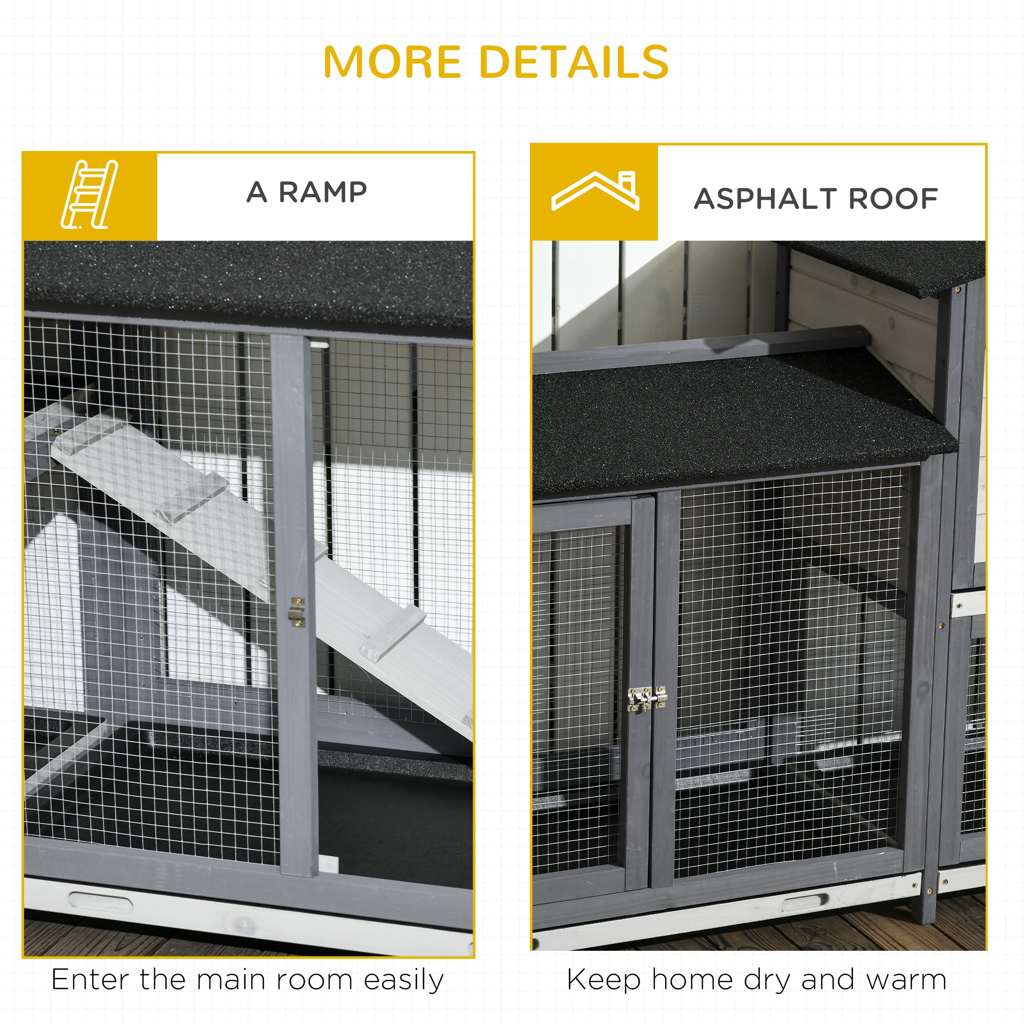 90.5" Wooden Rabbit Hutch Bunny Cage Pet Playpen House Enclosure with Double Side Run Boxes, No Leak Tray, Ramp, for Rabbits, Chickens, Ducks, Guinea Pig and Small Animals, Light Gray - Light Gray - Image 7