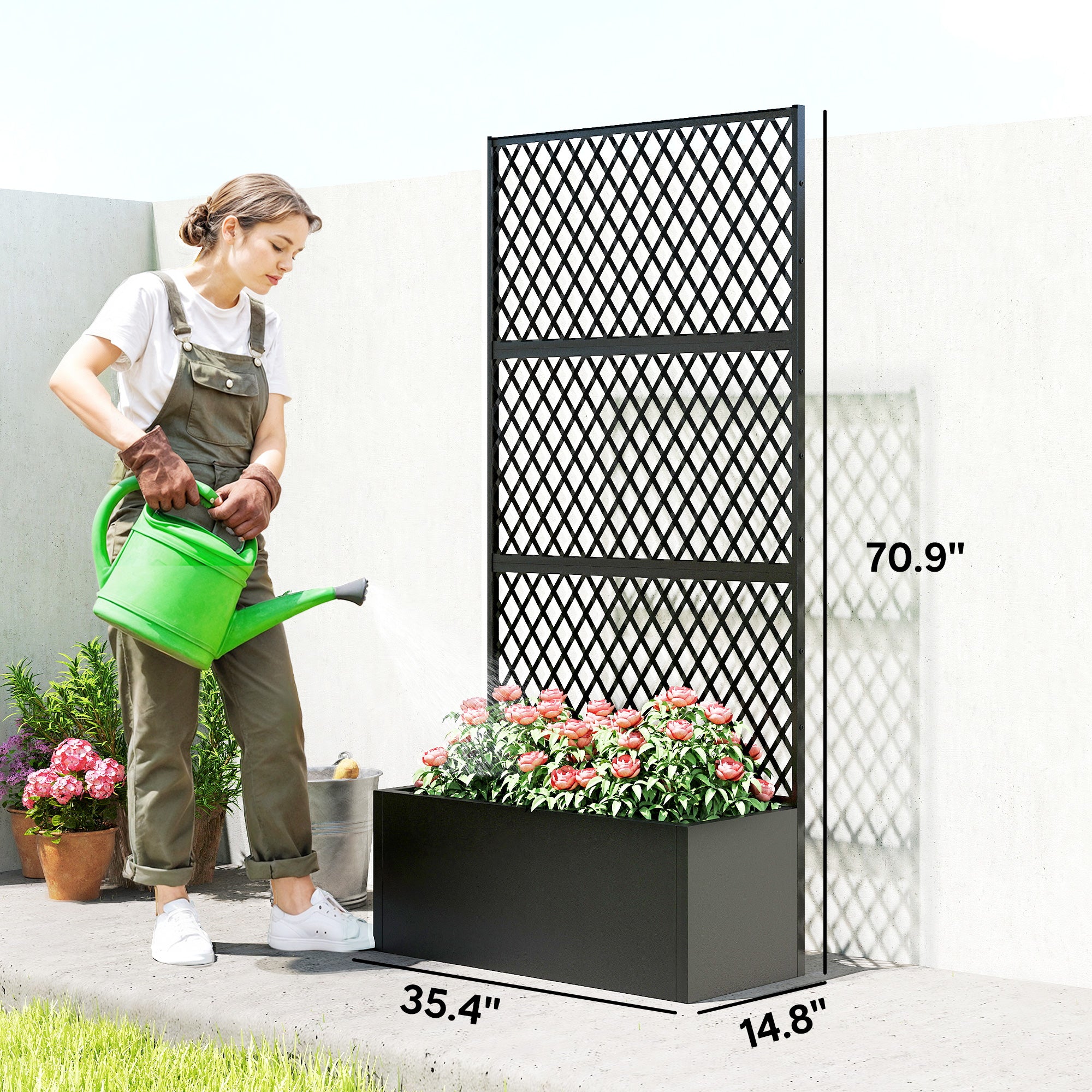 Metal Planter Box with Trellis, Raised Garden Bed with Trellis, Diamond Lattice Privacy Planter for Climbing Plants - Black - Image 3