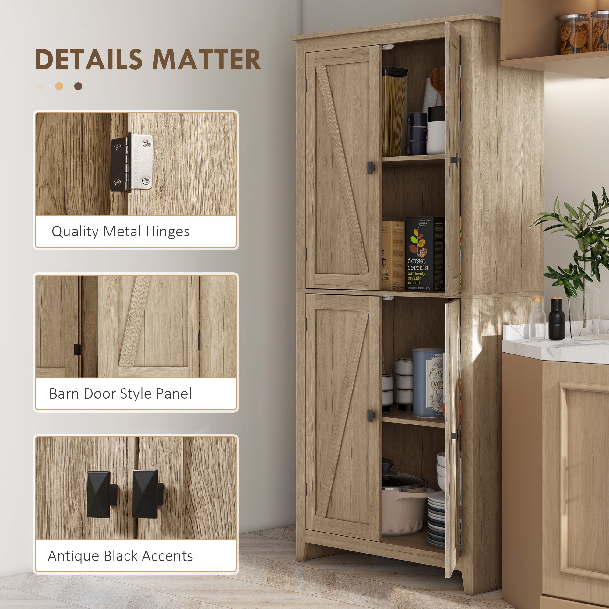 72" Freestanding Kitchen Pantry Cabinet, Farmhouse Tall Storage Cabinet with 4 Door Cabinets and Adjustable Shelves for Dining Room, Natural