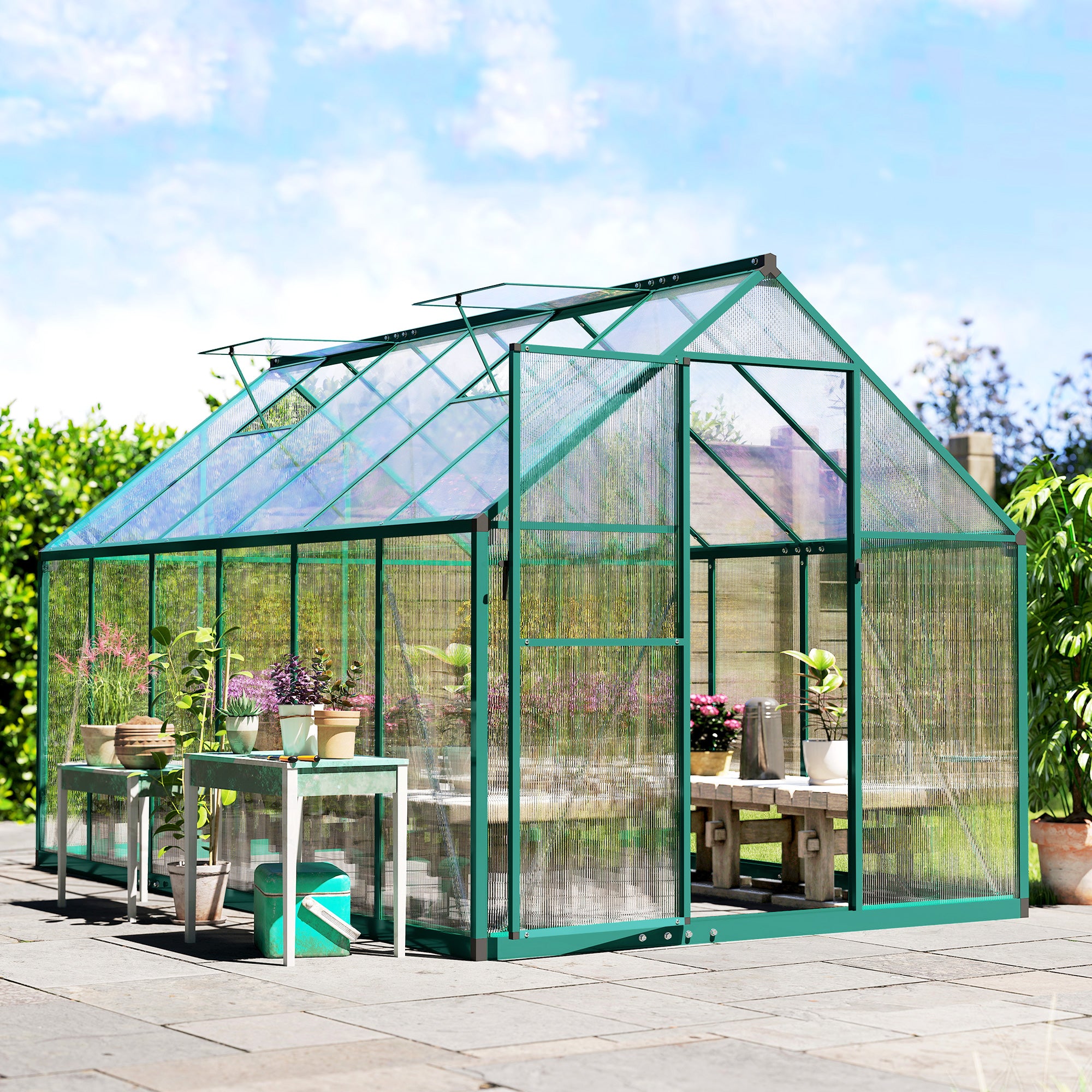 Polycarbonate Greenhouse with Swing Door and Two Adjustable Roof Vents, Aluminum Walk-in Greenhouse, 11x6 ft, Dark Green - Dark Green - Image 8
