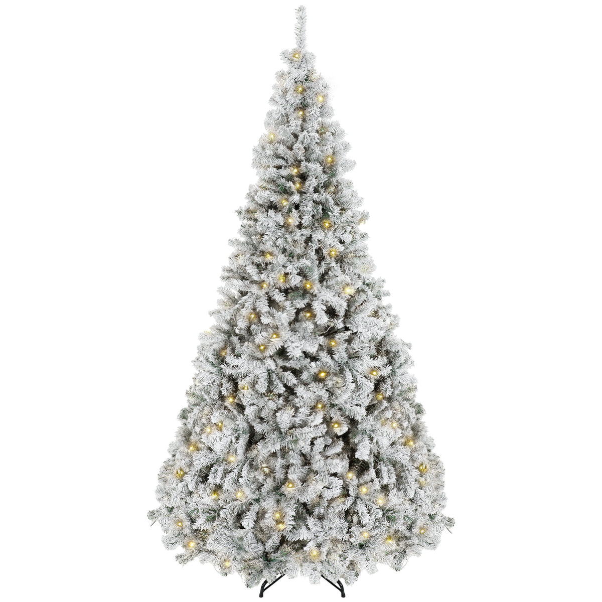9ft Flocked Prelit Christmas Tree, Fraser Fir, Hinged Xmas Tree with LEDs, Foldable Metal Base, Green White