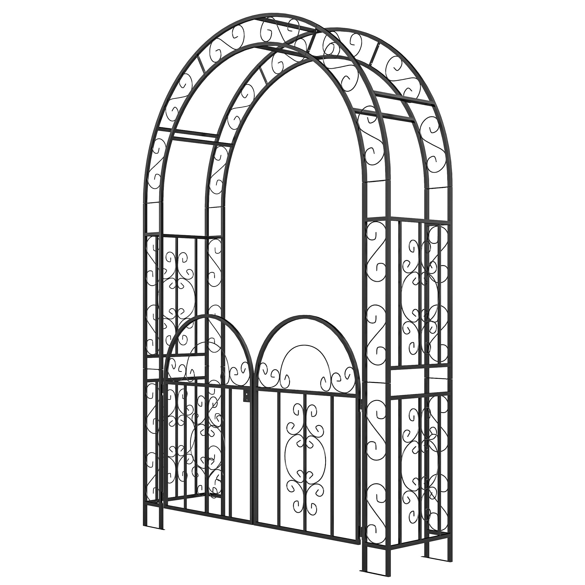 7.4ft Steel Garden Arch with Gate, Garden Arbor Trellis for Climbing Plants, Roses, Vines, Wedding Arch Stand for Outdoor, Garden, Lawn, Backyard, Black - Black